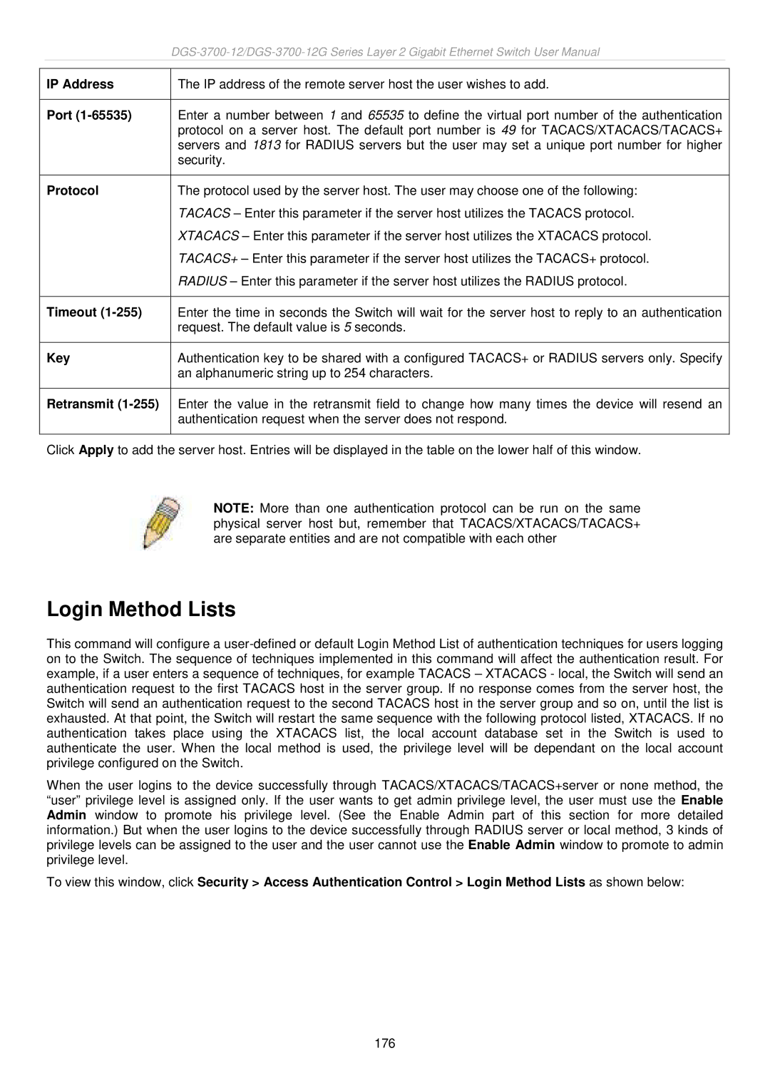 D-Link DGS-3700 user manual Login Method Lists, IP Address 