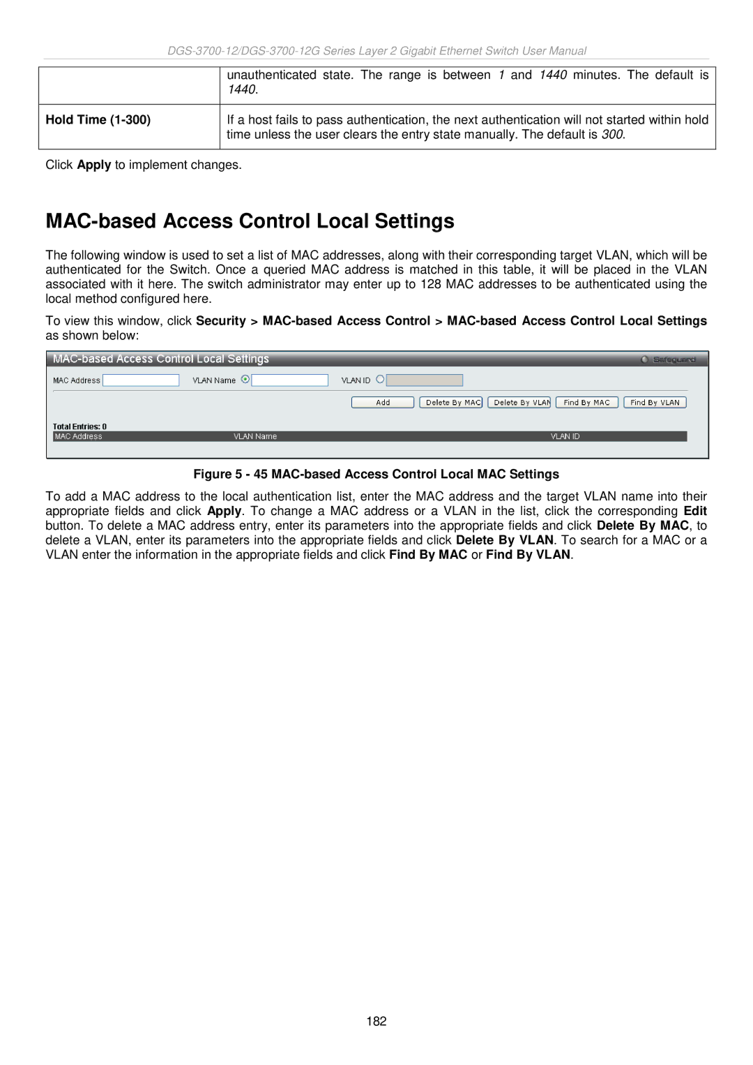 D-Link DGS-3700 user manual MAC-based Access Control Local Settings, Hold Time 