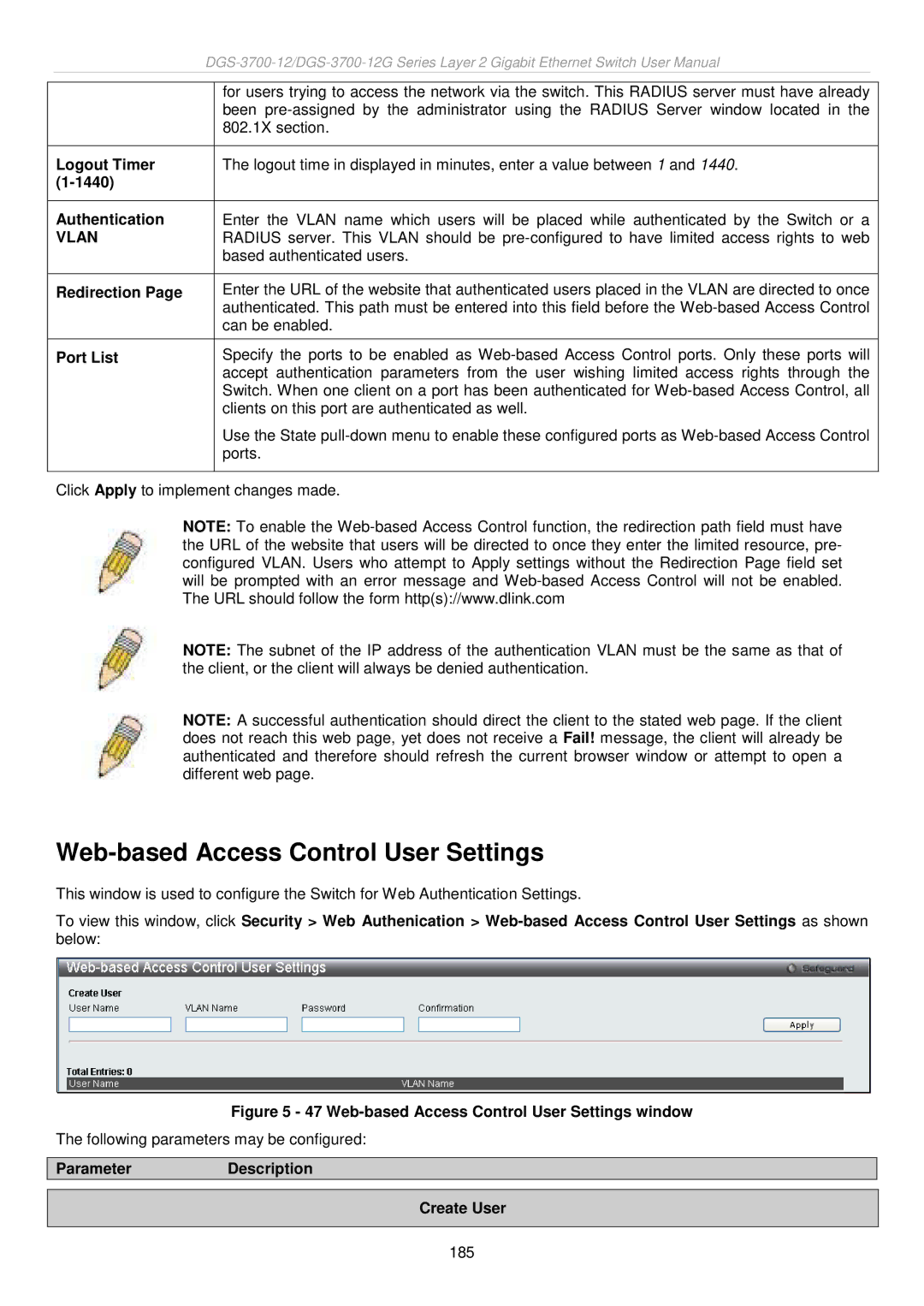 D-Link DGS-3700 user manual Web-based Access Control User Settings, Logout Timer, Authentication, Redirection 