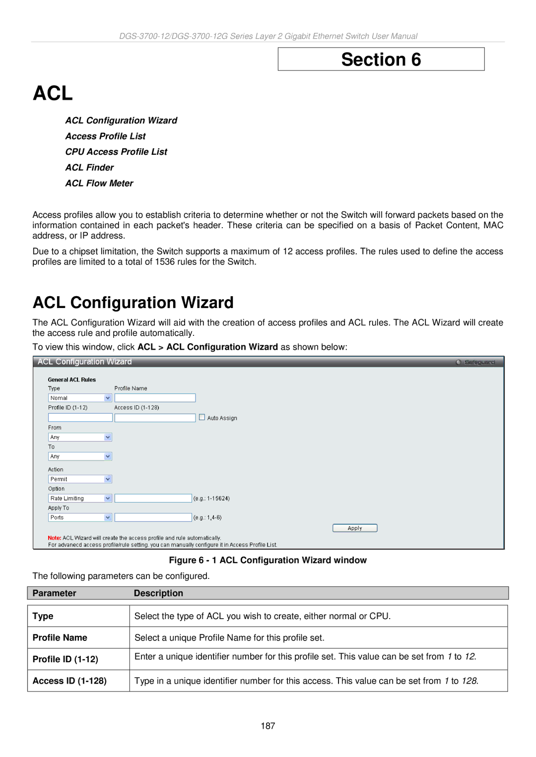 D-Link DGS-3700 user manual ACL Configuration Wizard, ParameterDescription Type, Access ID 