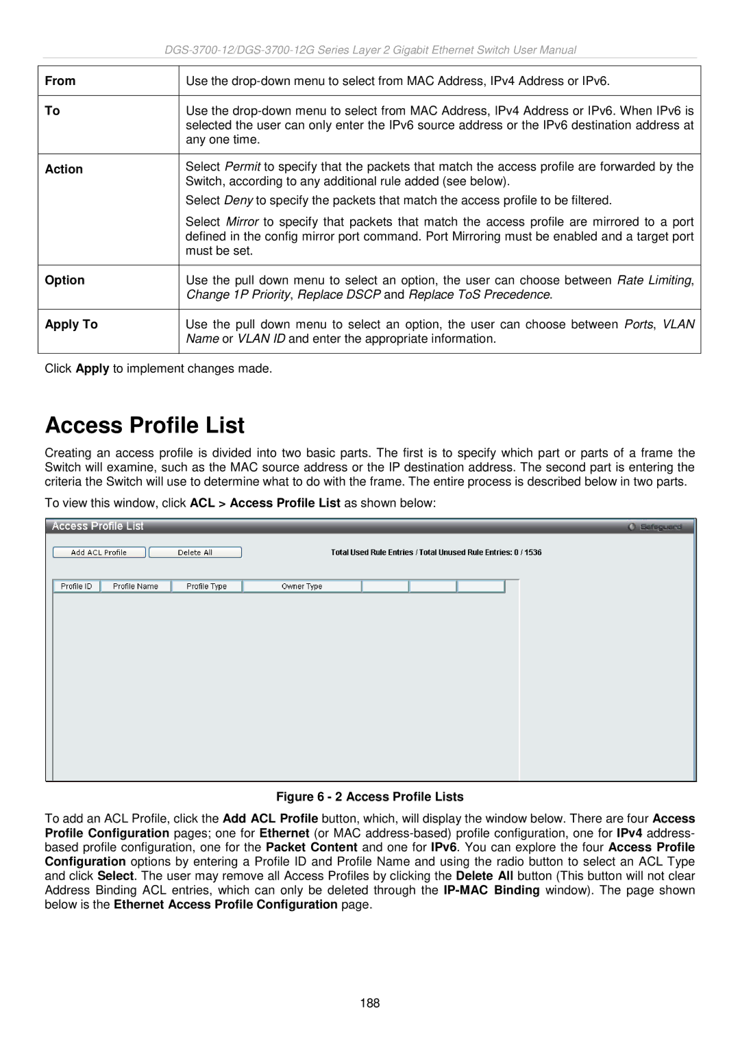 D-Link DGS-3700 user manual Access Profile List, Option, Apply To 