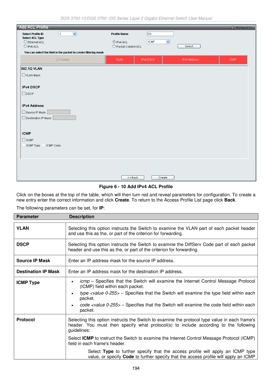 D-Link DGS-3700 user manual Dscp, Source IP Mask, Destination IP Mask, Icmp Type 