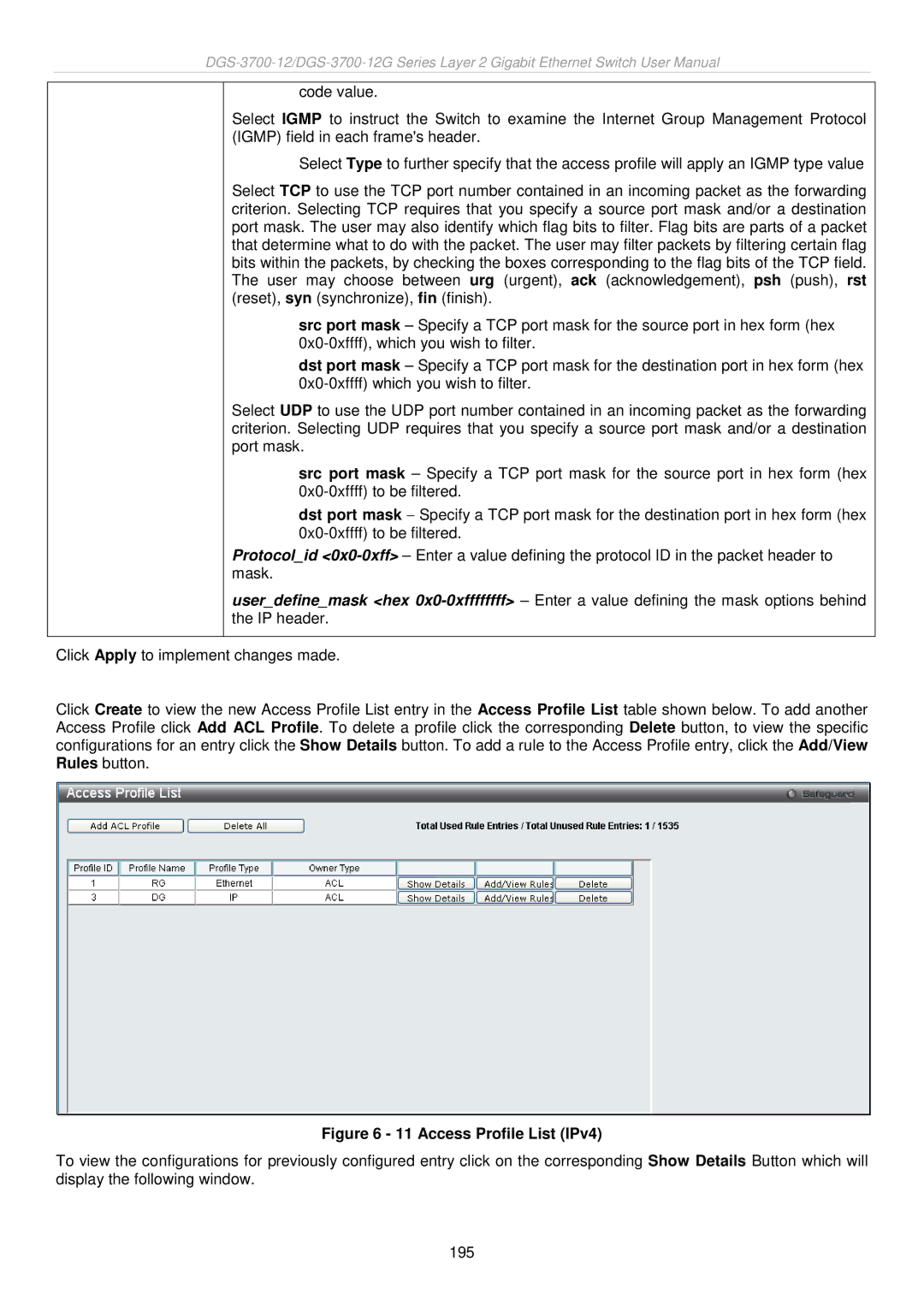 D-Link DGS-3700 user manual Access Profile List IPv4 