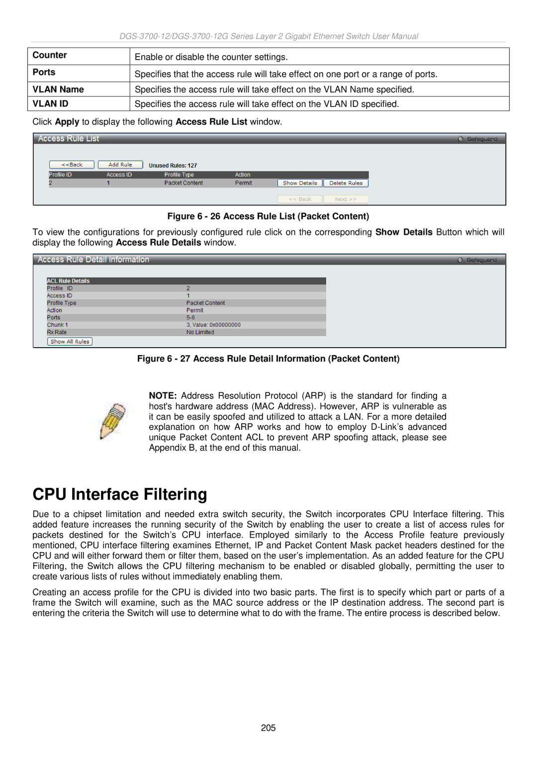 D-Link DGS-3700 user manual CPU Interface Filtering, Access Rule List Packet Content 