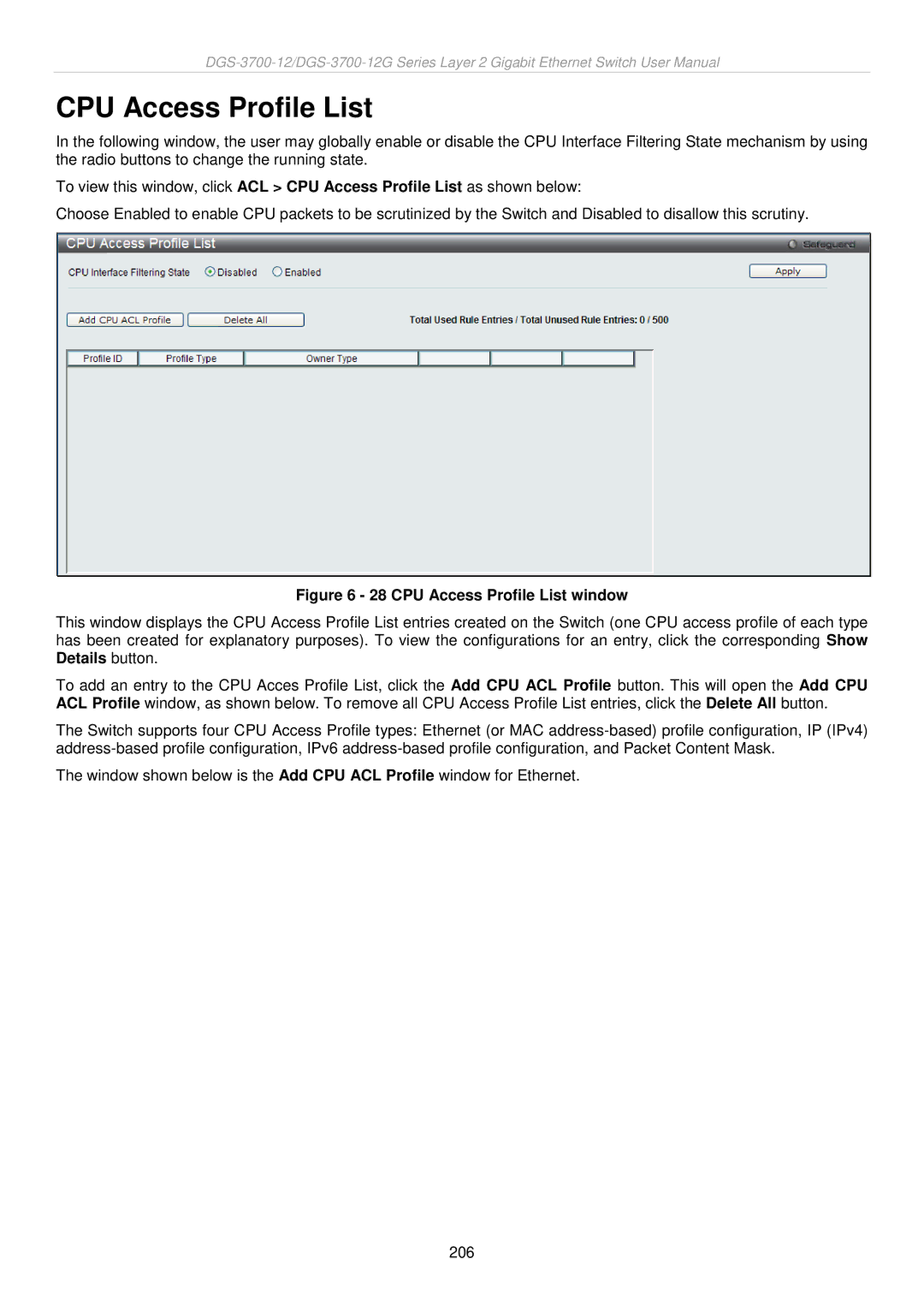 D-Link DGS-3700 user manual CPU Access Profile List window 