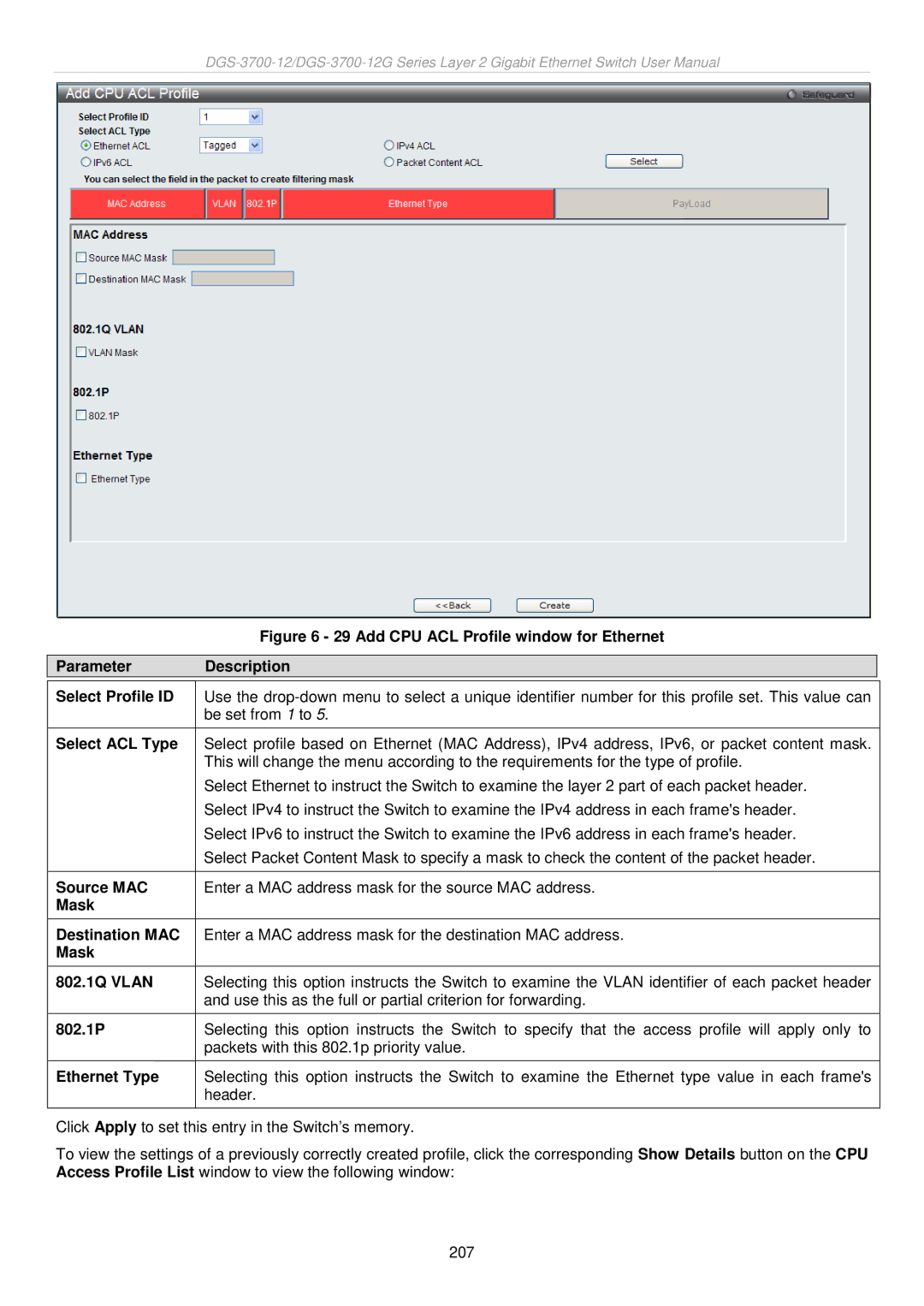 D-Link DGS-3700 user manual Source MAC, Mask Destination MAC, Mask 802.1Q Vlan 