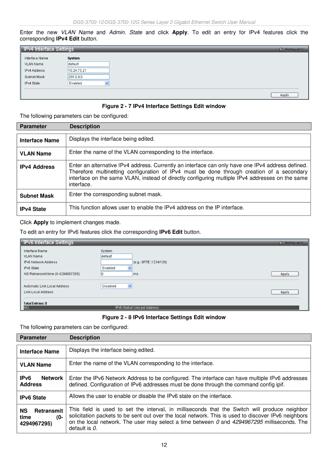 D-Link DGS-3700 Parameter Description Interface Name, IPv6 Network, Address, IPv6 State, Retransmit, Time, 4294967295 