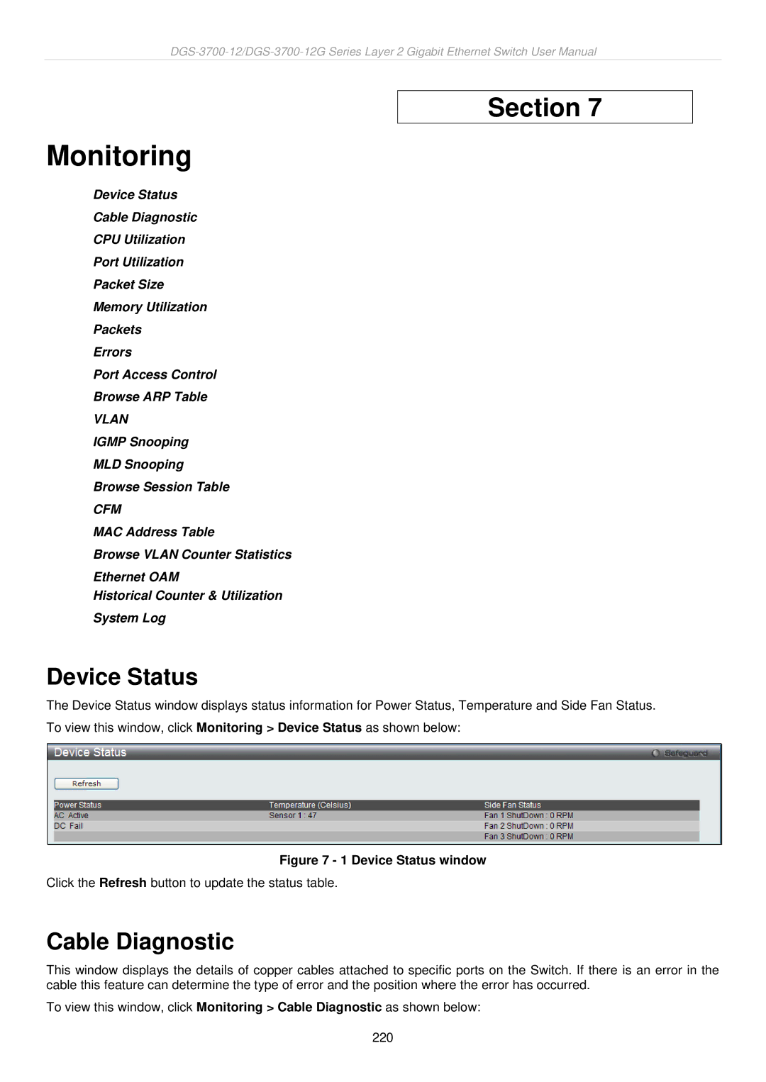 D-Link DGS-3700 user manual Device Status, Cable Diagnostic 