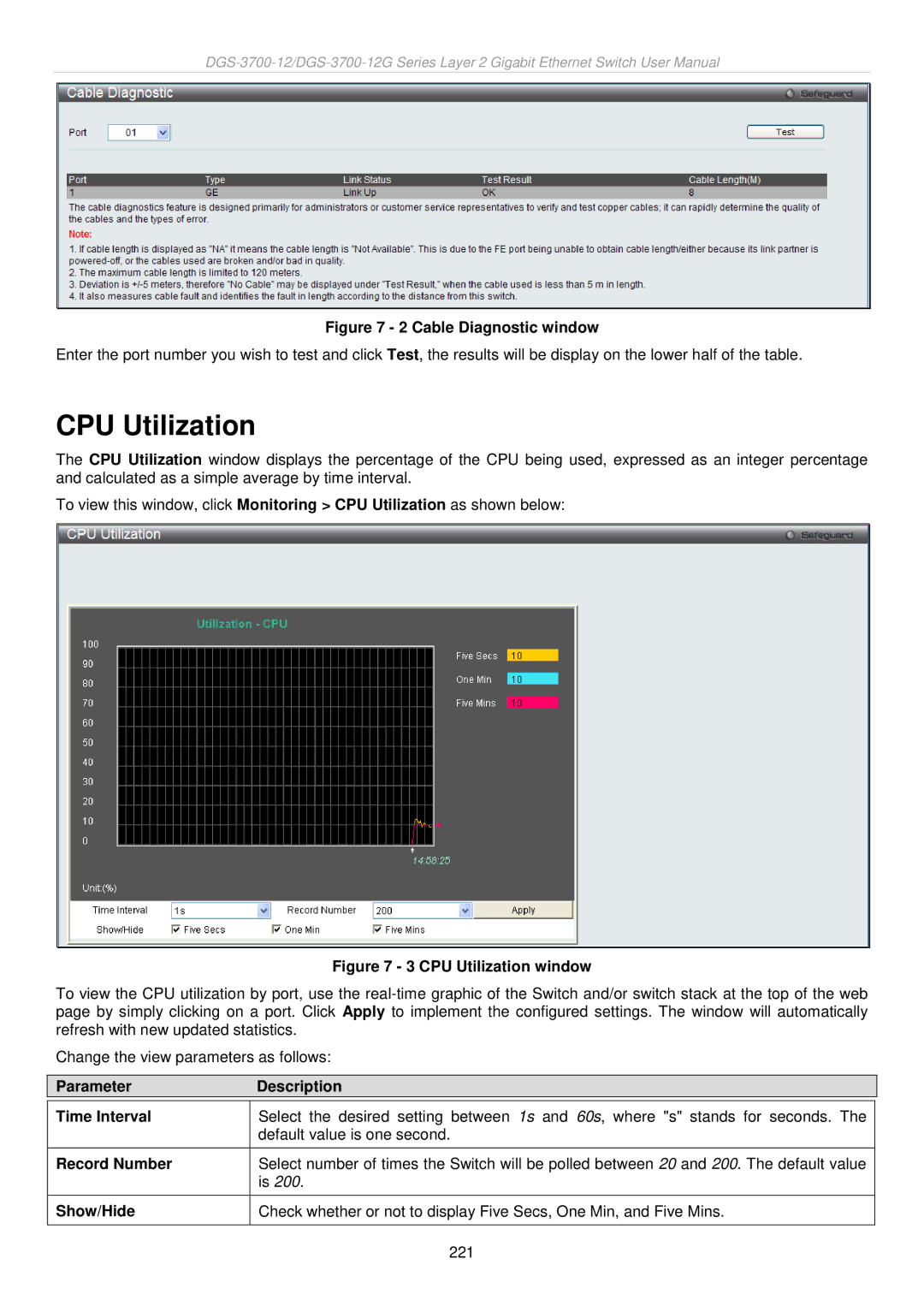 D-Link DGS-3700 user manual CPU Utilization, Parameter Description Time Interval, Record Number, Show/Hide 