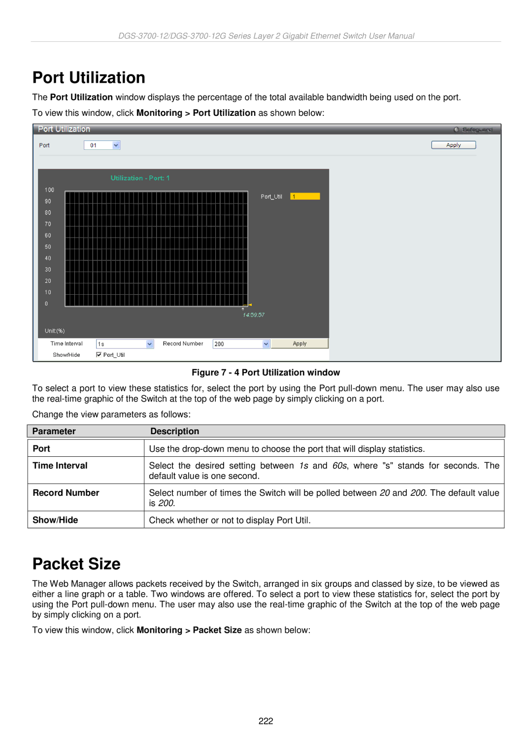 D-Link DGS-3700 user manual Port Utilization, Packet Size 