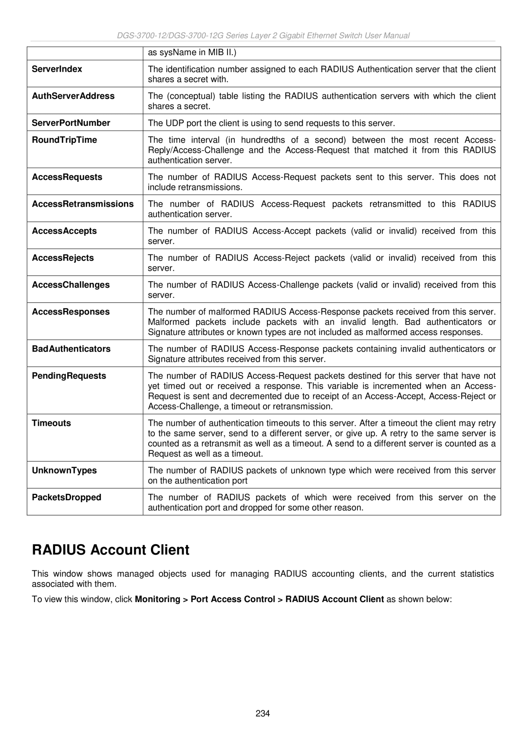 D-Link DGS-3700 user manual Radius Account Client 