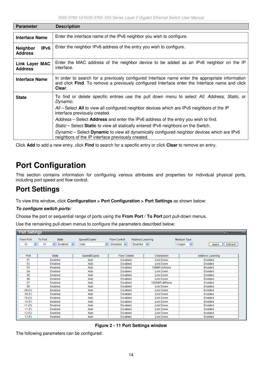 D-Link DGS-3700 user manual Port Configuration, Port Settings, Neighbor IPv6, Address Link Layer MAC, Clear State 