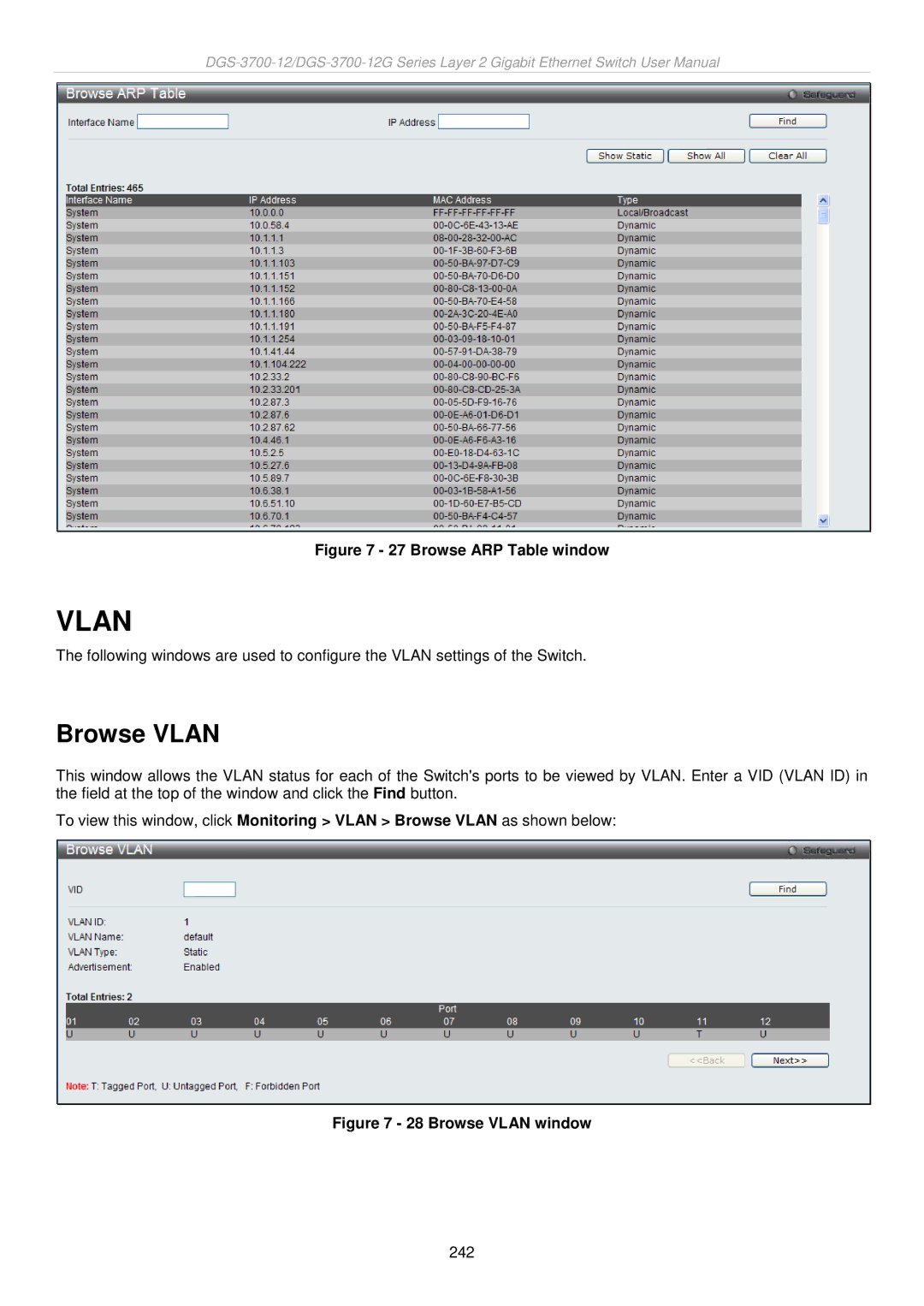 D-Link DGS-3700 user manual Browse Vlan, Browse ARP Table window 