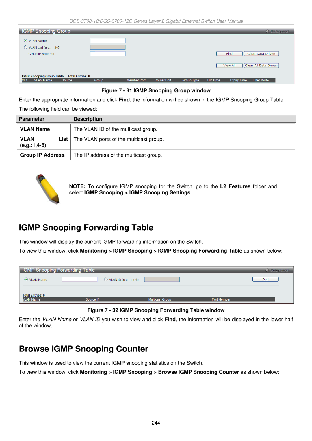 D-Link DGS-3700 user manual Igmp Snooping Forwarding Table, Browse Igmp Snooping Counter 