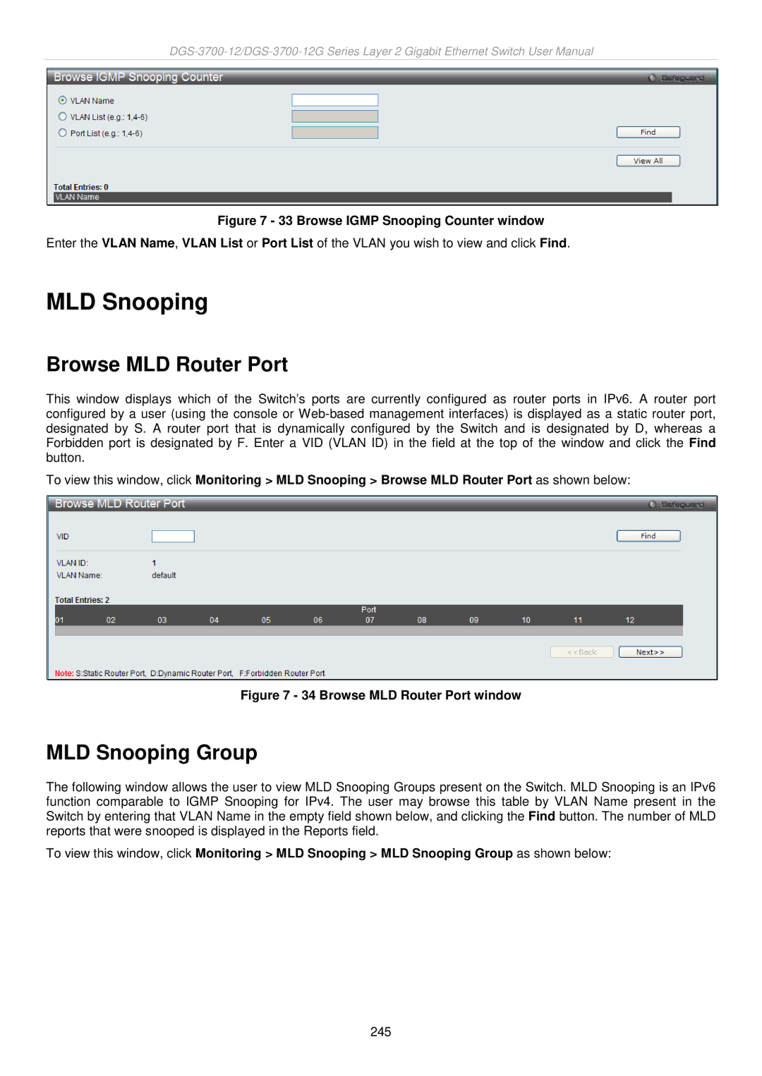 D-Link DGS-3700 user manual Browse MLD Router Port, MLD Snooping Group 