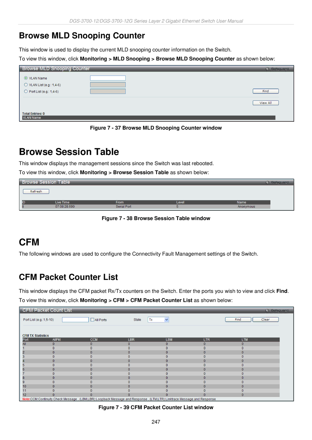 D-Link DGS-3700 user manual Browse Session Table, Browse MLD Snooping Counter, CFM Packet Counter List 