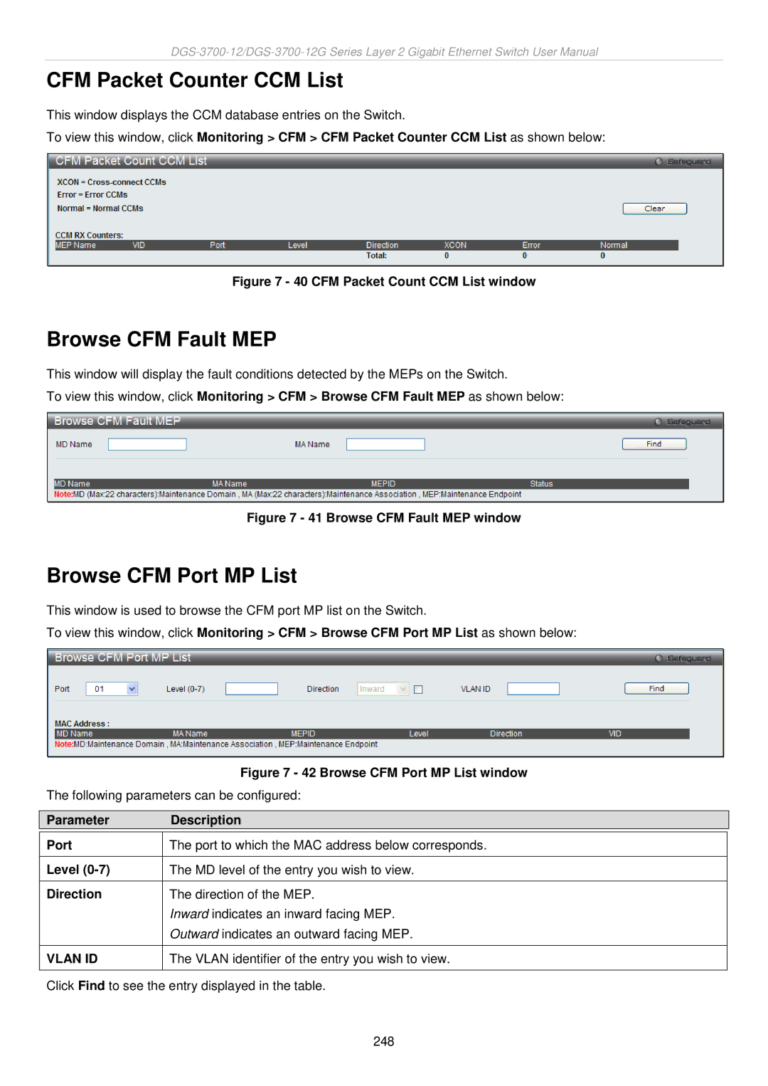 D-Link DGS-3700 user manual CFM Packet Counter CCM List, Browse CFM Fault MEP, Browse CFM Port MP List 