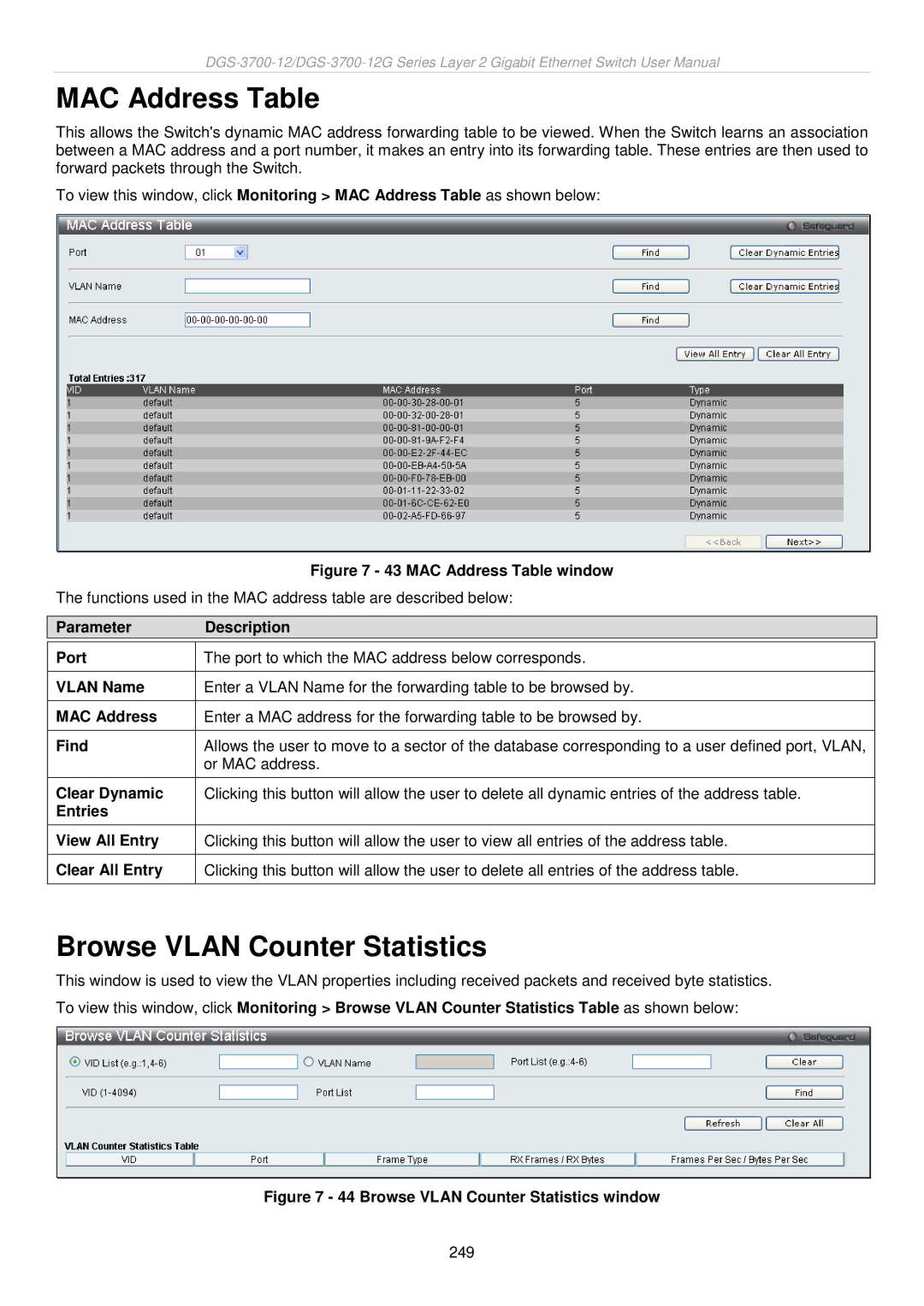 D-Link DGS-3700 user manual MAC Address Table, Browse Vlan Counter Statistics 