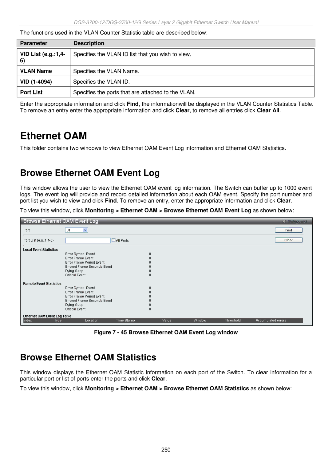 D-Link DGS-3700 user manual Browse Ethernet OAM Event Log, Browse Ethernet OAM Statistics 