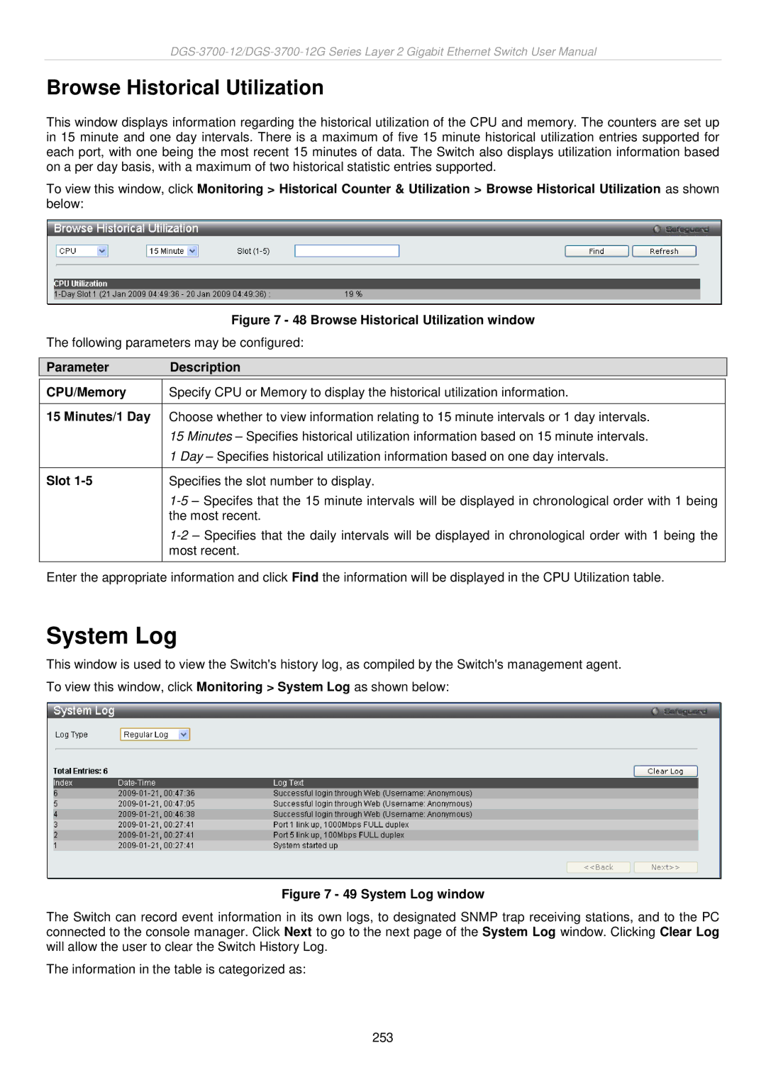 D-Link DGS-3700 user manual System Log, Browse Historical Utilization 