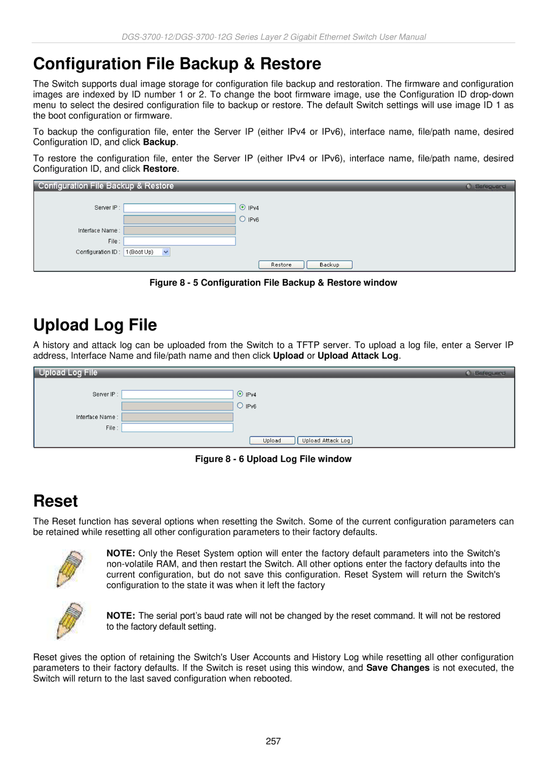 D-Link DGS-3700 user manual Configuration File Backup & Restore, Upload Log File, Reset 