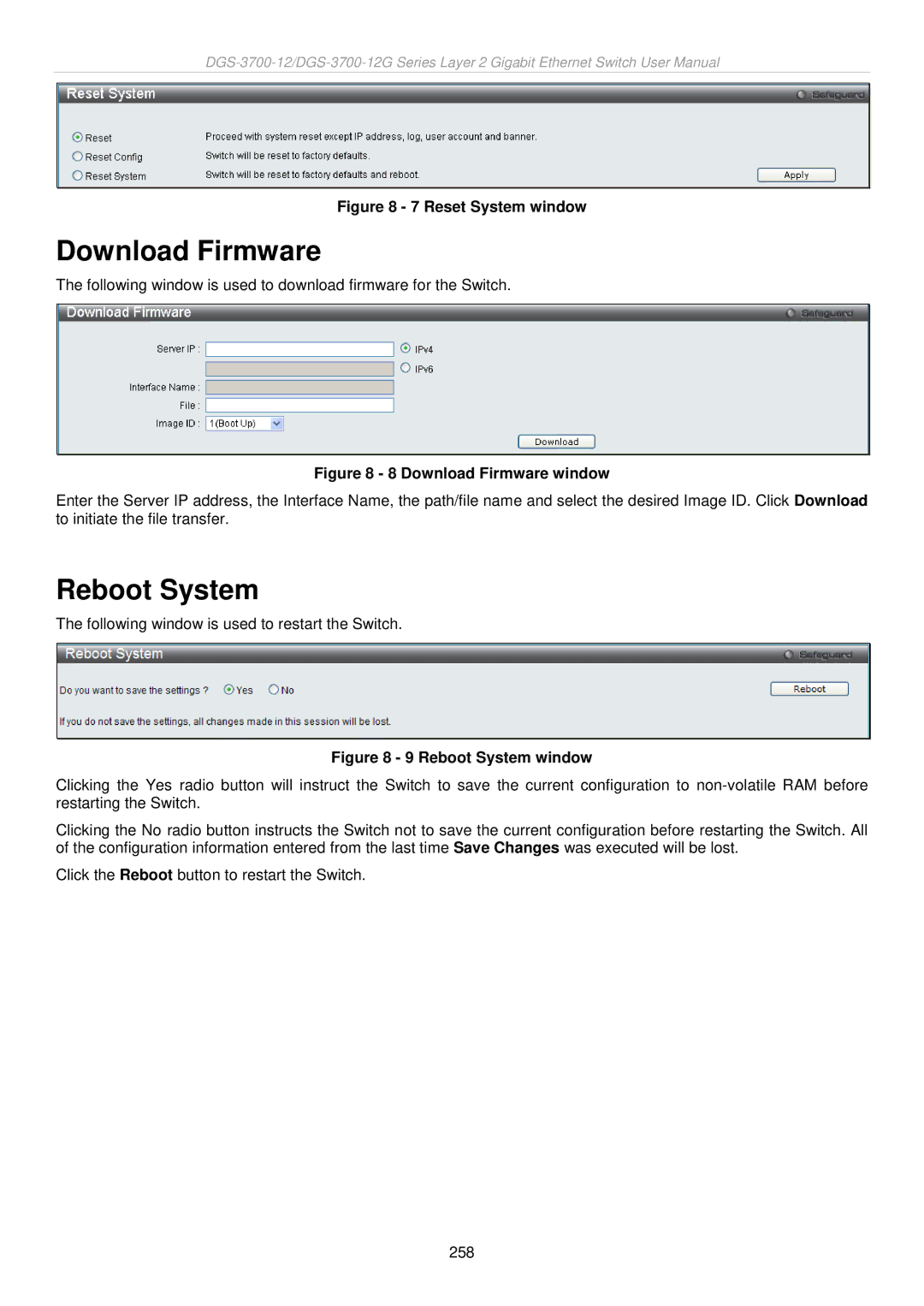 D-Link DGS-3700 user manual Download Firmware, Reboot System 