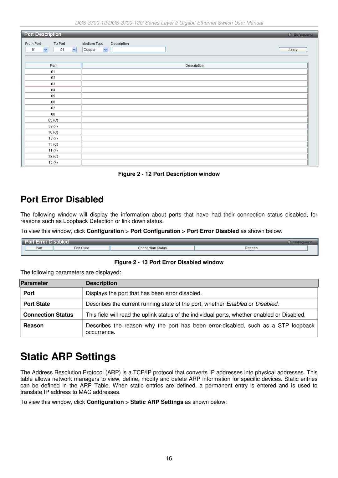 D-Link DGS-3700 user manual Static ARP Settings, Port Error Disabled 