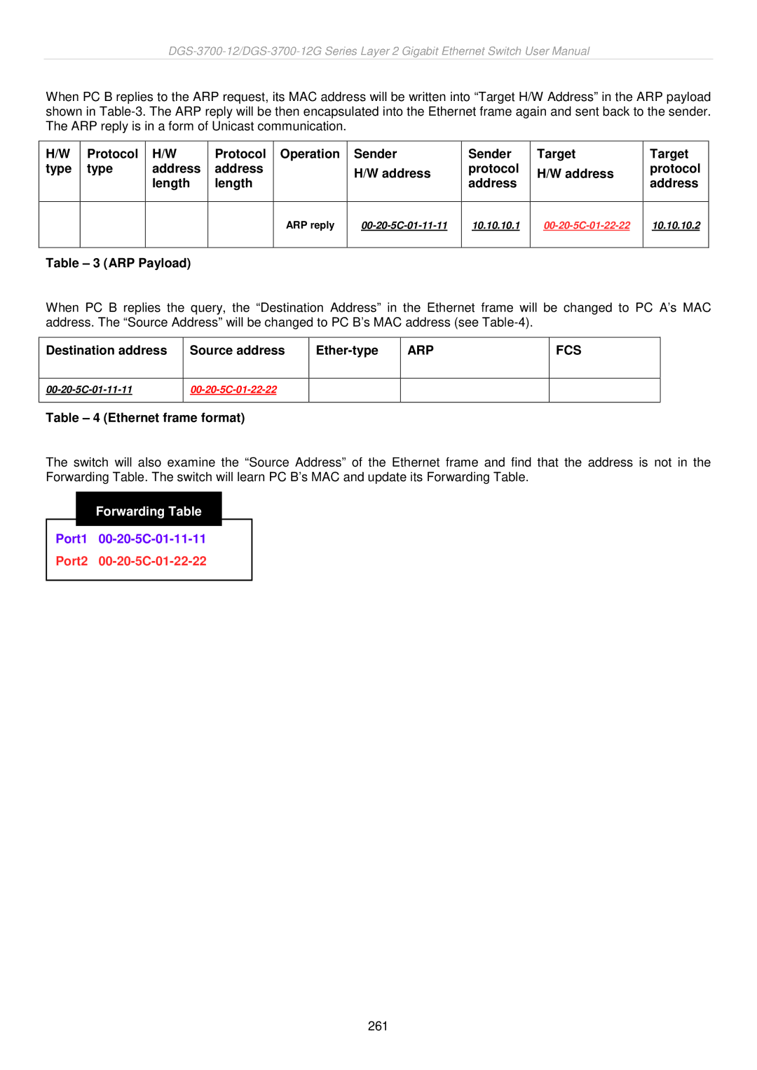 D-Link DGS-3700 user manual Destination address Source address Ether-type, Port2 00-20-5C-01-22-22 