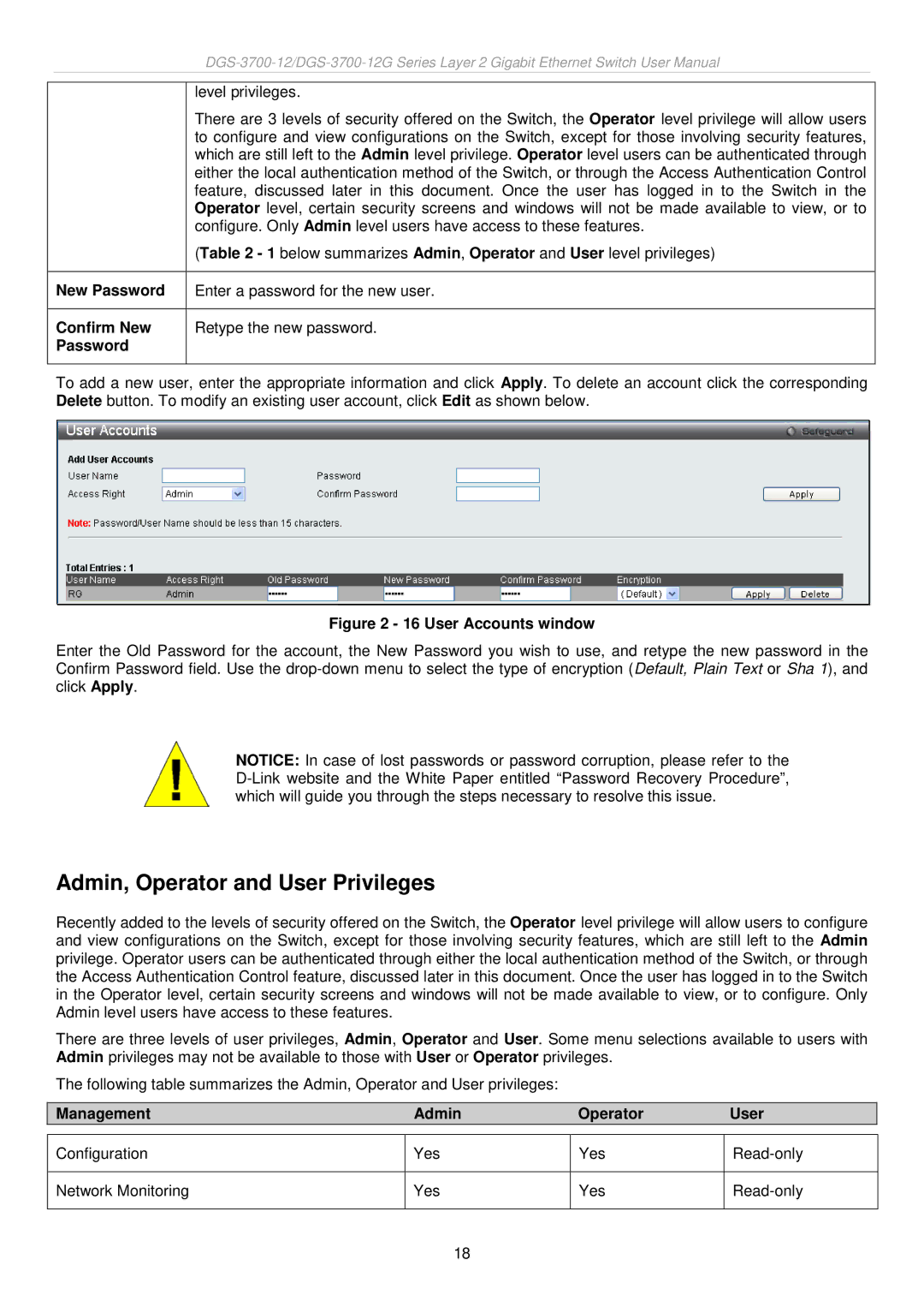 D-Link DGS-3700 user manual Admin, Operator and User Privileges, New Password, Confirm New, Management Admin Operator User 