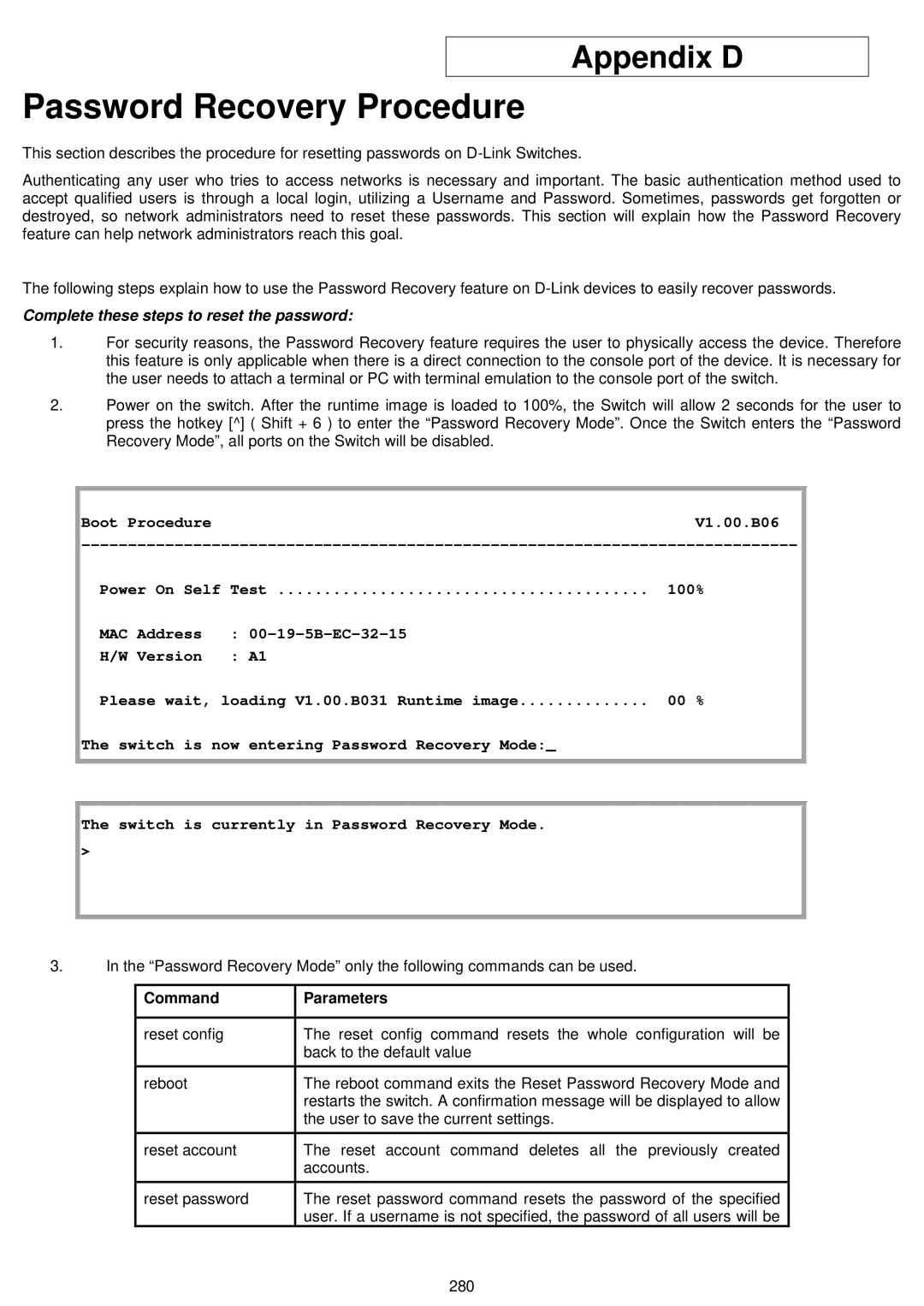 D-Link DGS-3700 user manual Password Recovery Procedure, Command Parameters 