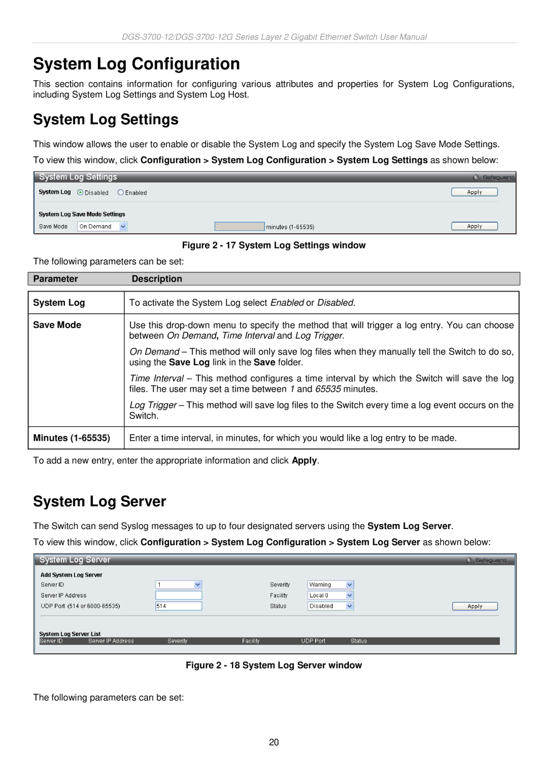 D-Link DGS-3700 user manual System Log Configuration, System Log Settings, System Log Server 