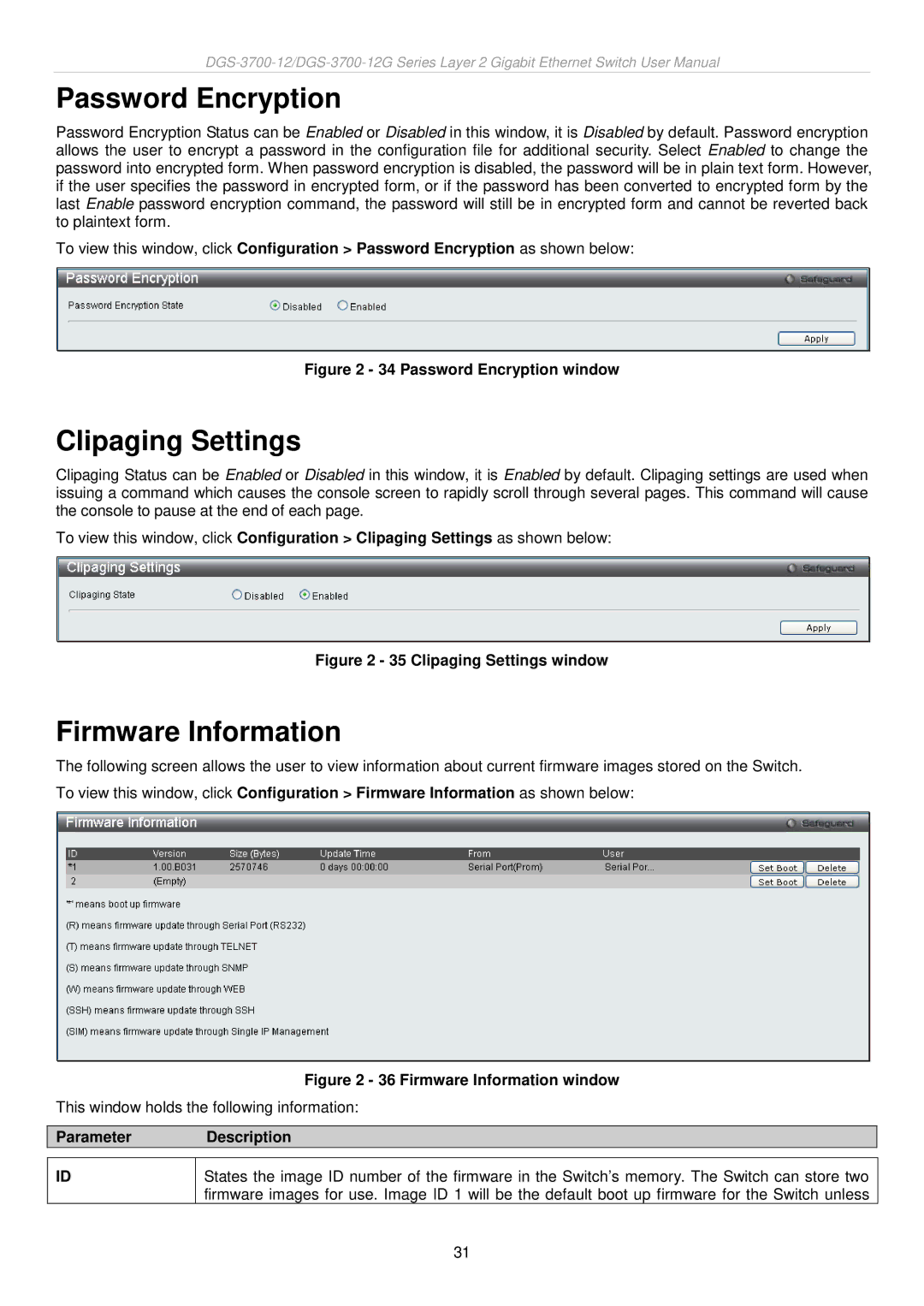 D-Link DGS-3700 user manual Password Encryption, Clipaging Settings, Firmware Information, Parameter Description 