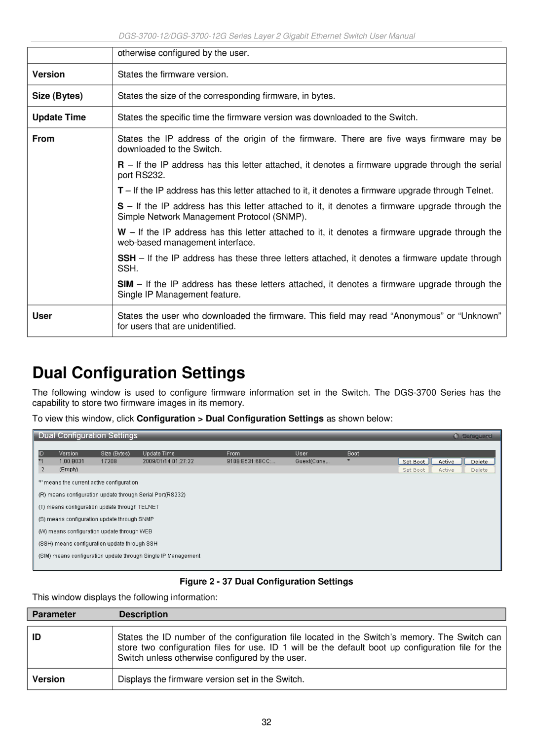 D-Link DGS-3700 user manual Dual Configuration Settings, Version, Size Bytes, Update Time, From 