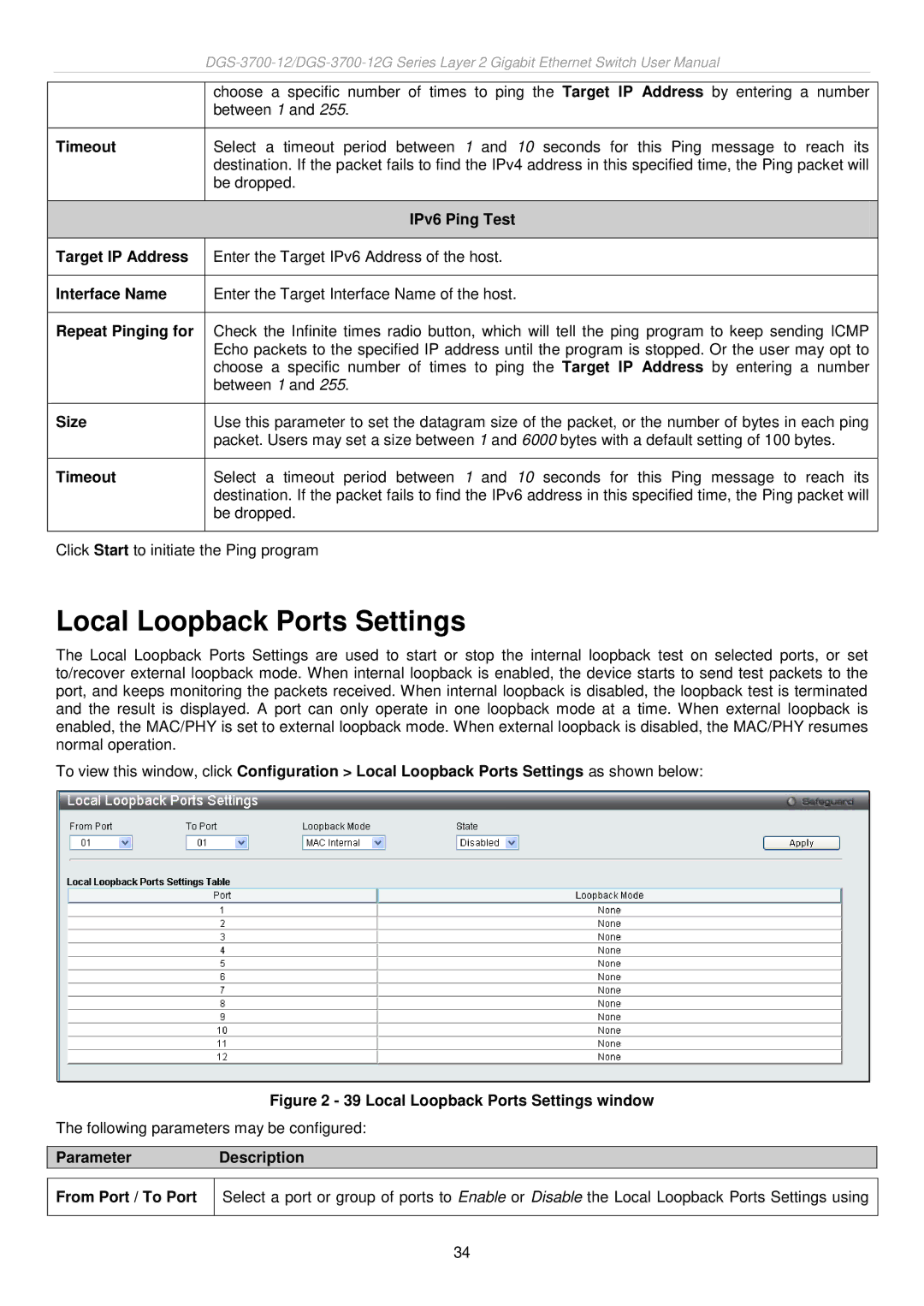 D-Link DGS-3700 user manual Local Loopback Ports Settings, Timeout, IPv6 Ping Test, Size 