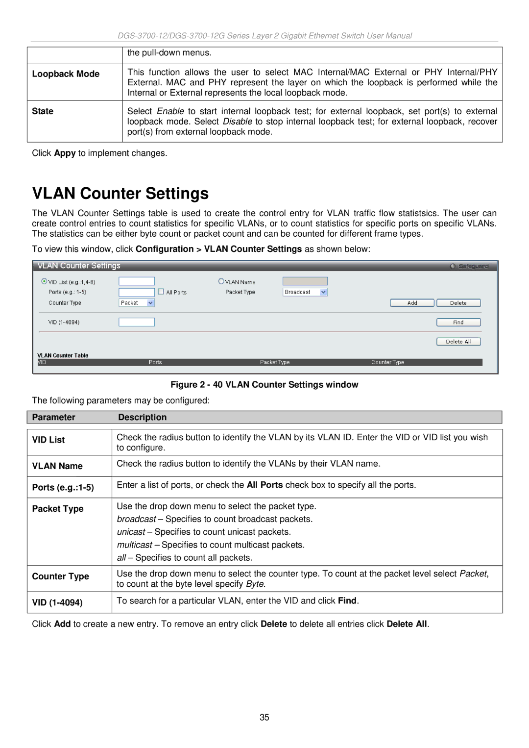 D-Link DGS-3700 user manual Vlan Counter Settings 