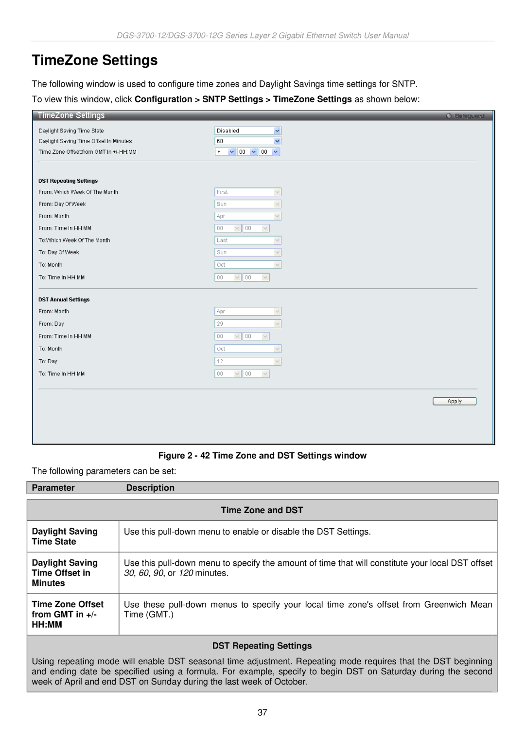 D-Link DGS-3700 user manual TimeZone Settings, Hhmm 