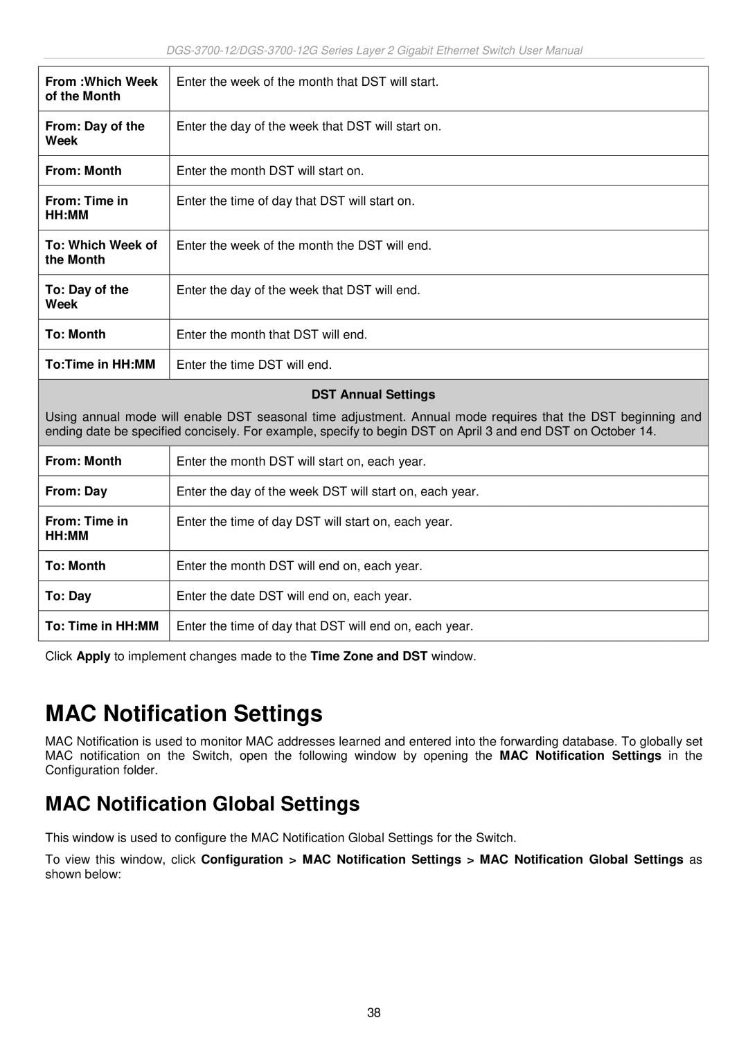 D-Link DGS-3700 user manual MAC Notification Settings, MAC Notification Global Settings 