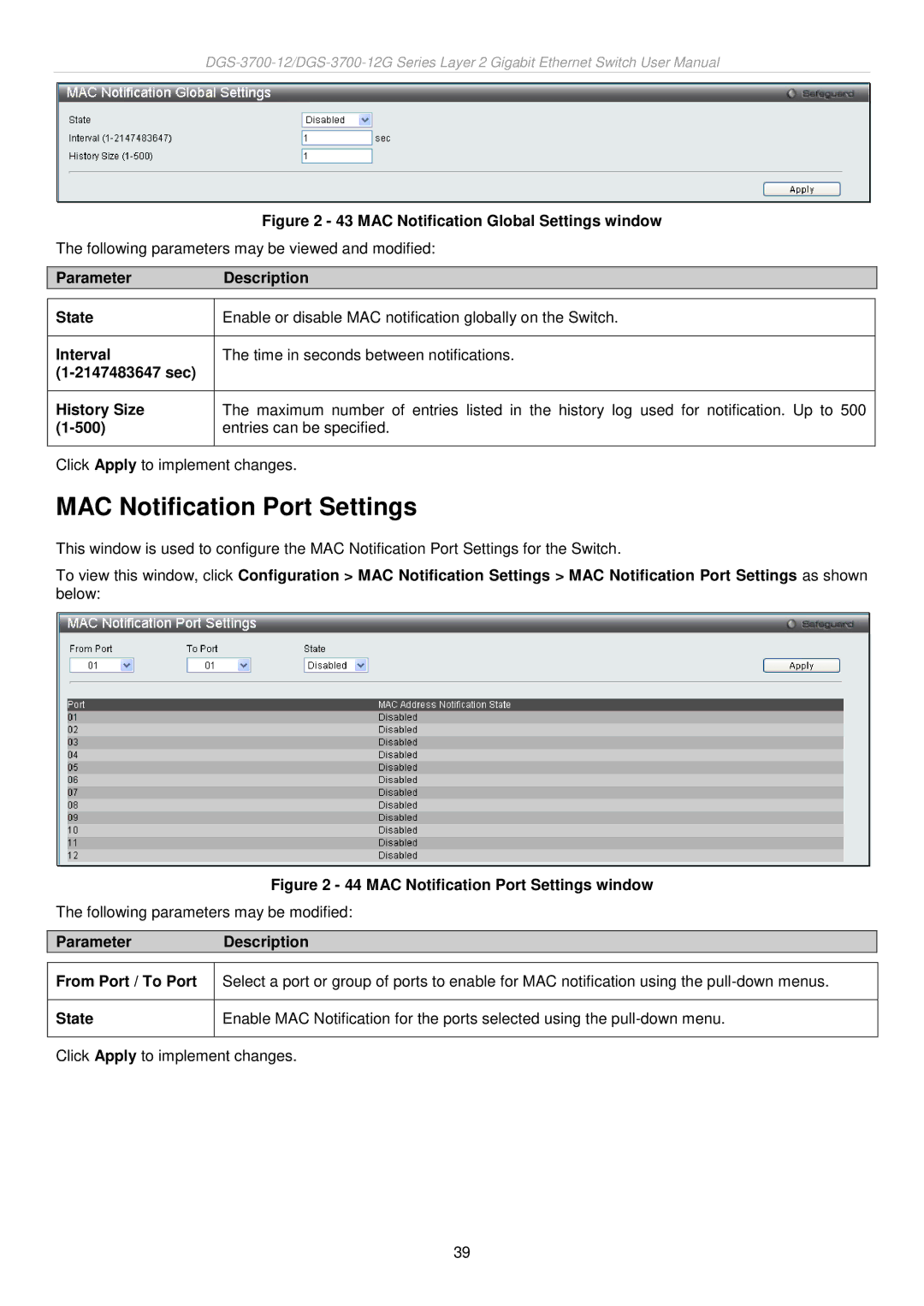 D-Link DGS-3700 user manual MAC Notification Port Settings, ParameterDescription 