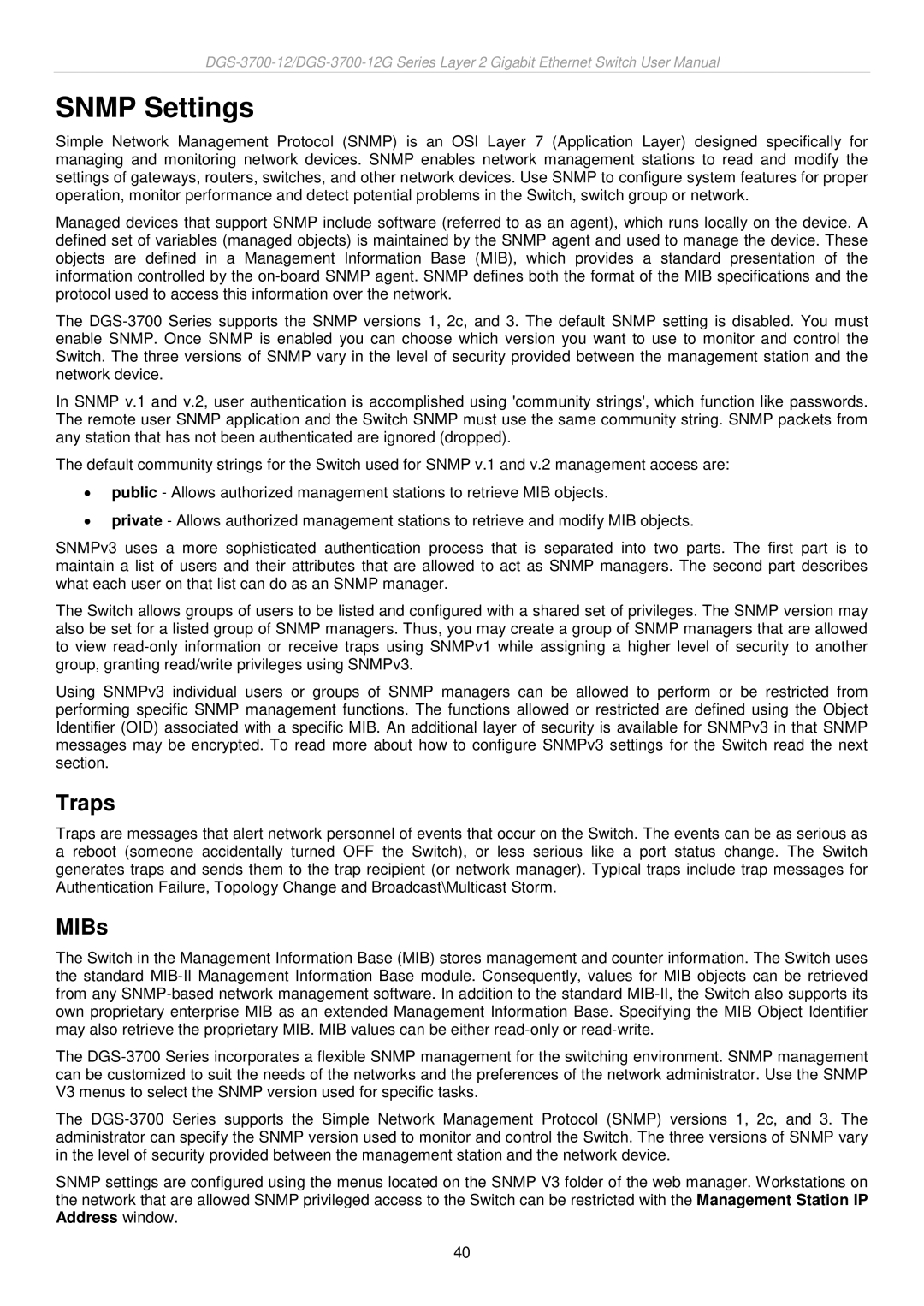 D-Link DGS-3700 user manual Snmp Settings, Traps, MIBs 