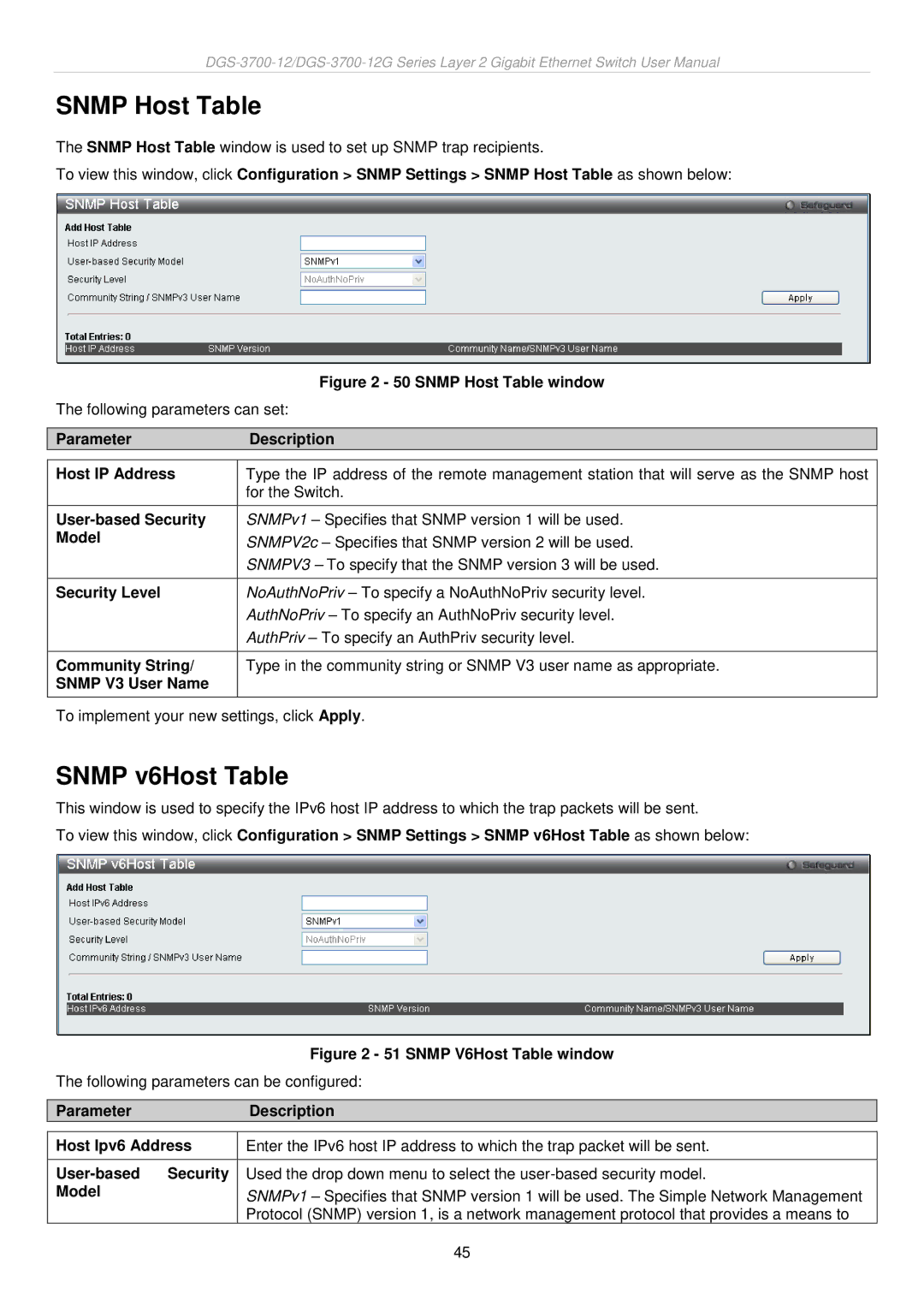 D-Link DGS-3700 user manual Snmp Host Table, Snmp v6Host Table 