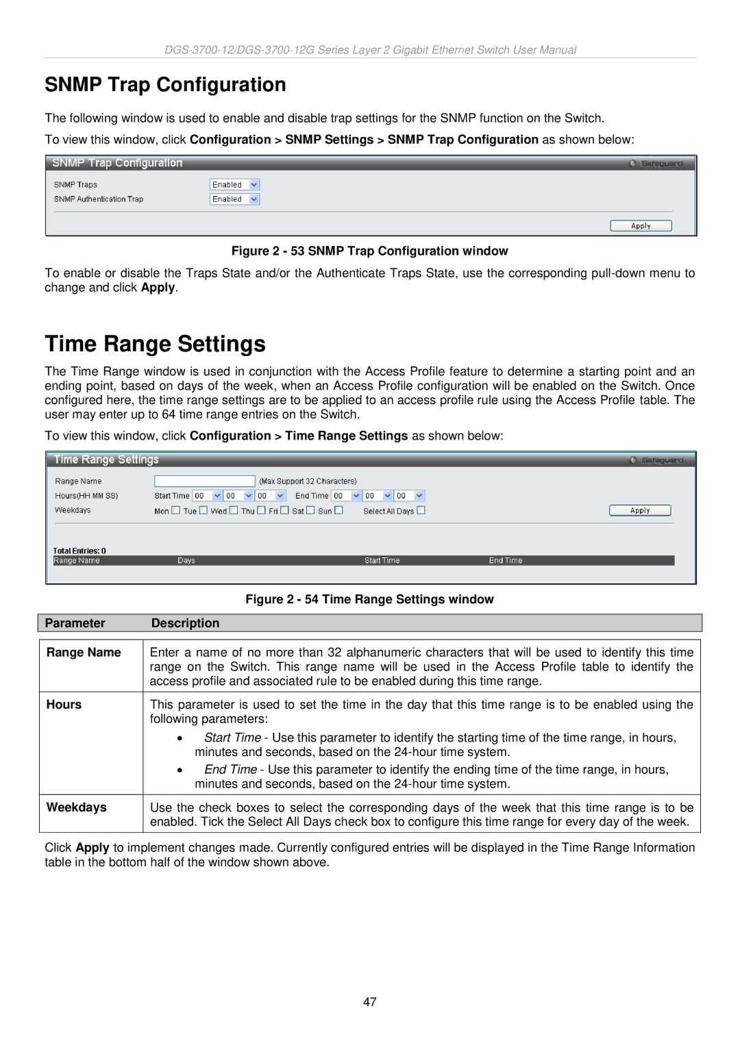 D-Link DGS-3700 user manual Time Range Settings, Snmp Trap Configuration, Parameter Description Range Name, Hours, Weekdays 