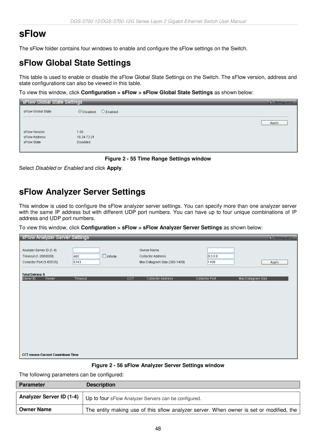 D-Link DGS-3700 SFlow Global State Settings, SFlow Analyzer Server Settings, ParameterDescription Analyzer Server ID 