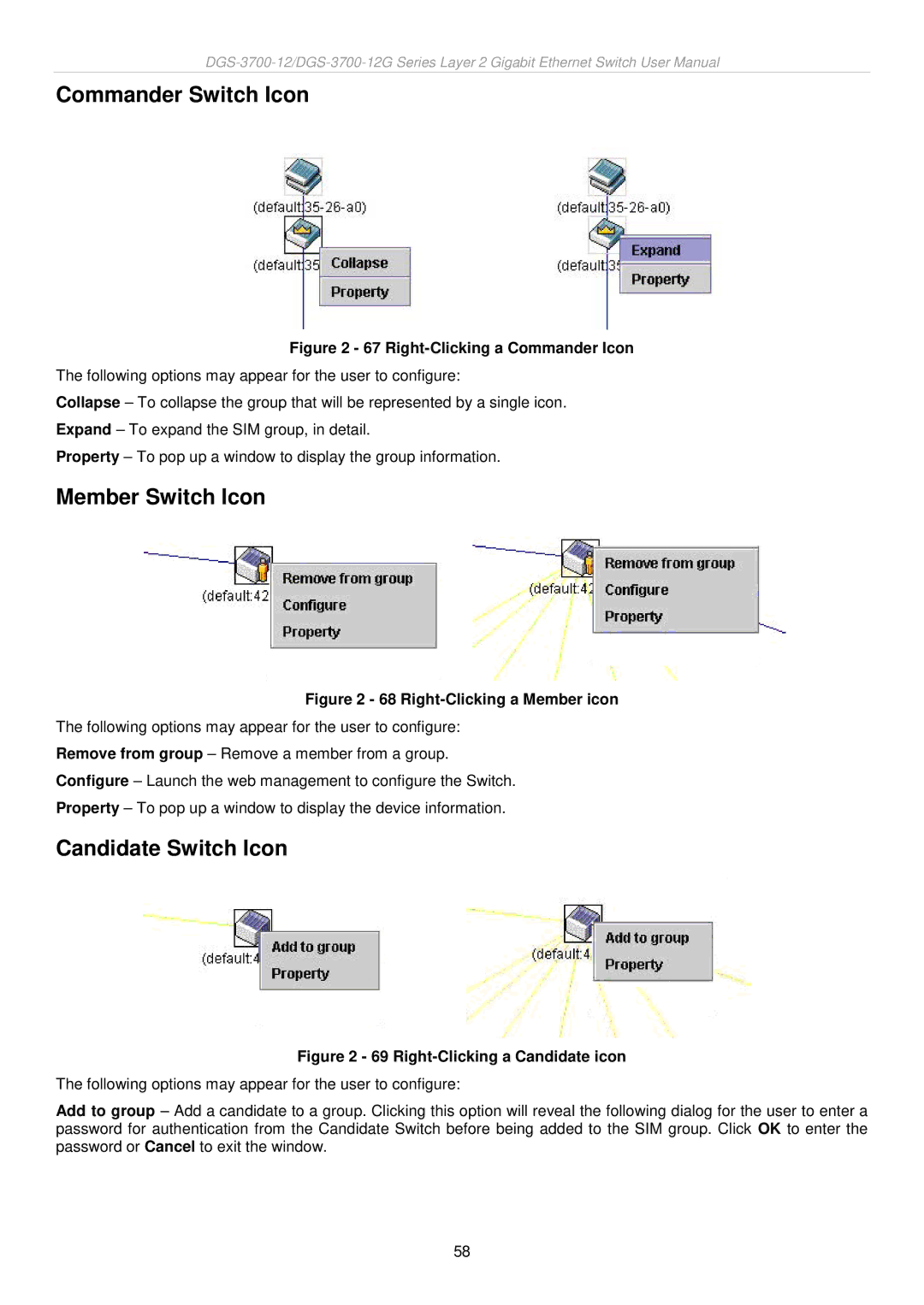 D-Link DGS-3700 user manual Commander Switch Icon, Member Switch Icon, Candidate Switch Icon 