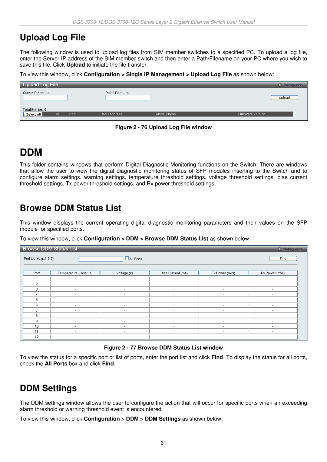 D-Link DGS-3700 user manual Upload Log File, Browse DDM Status List, DDM Settings 