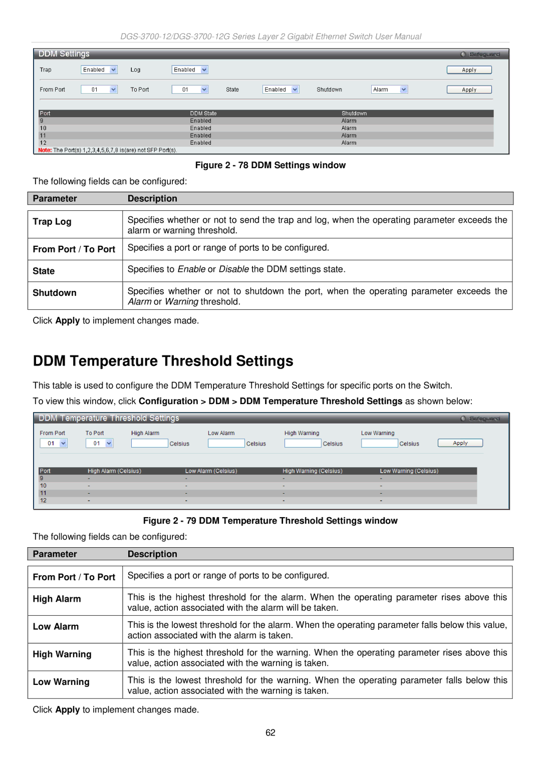 D-Link DGS-3700 user manual DDM Temperature Threshold Settings 