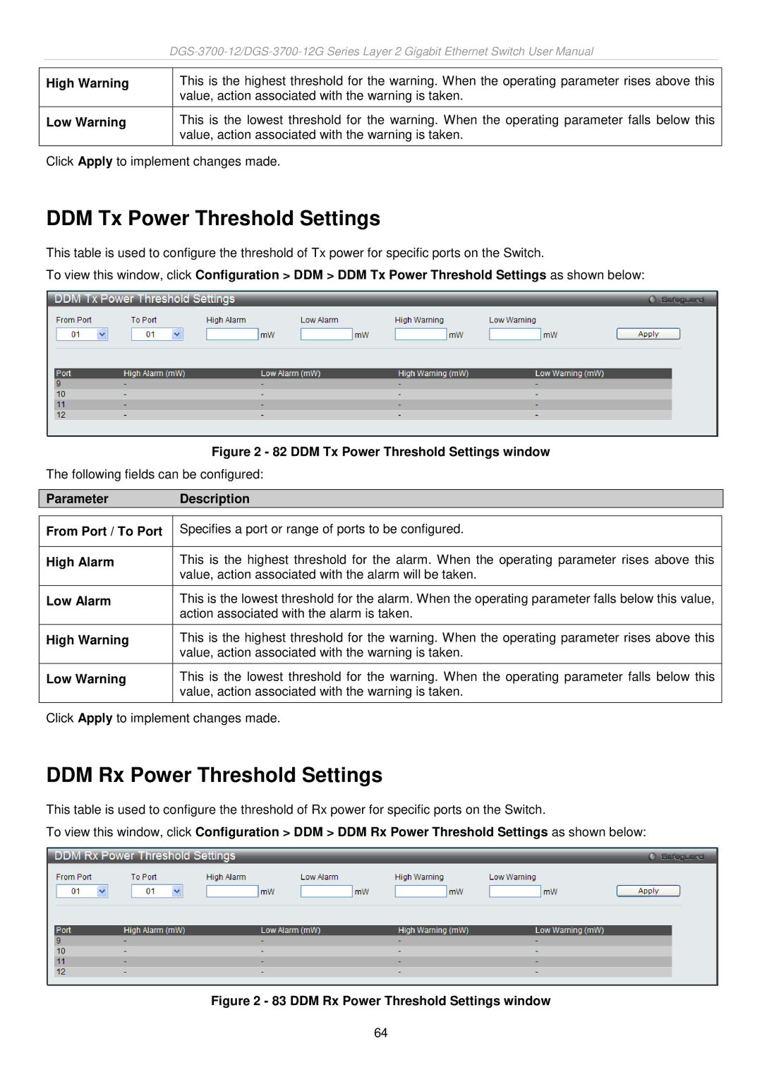 D-Link DGS-3700 user manual DDM Tx Power Threshold Settings, DDM Rx Power Threshold Settings 