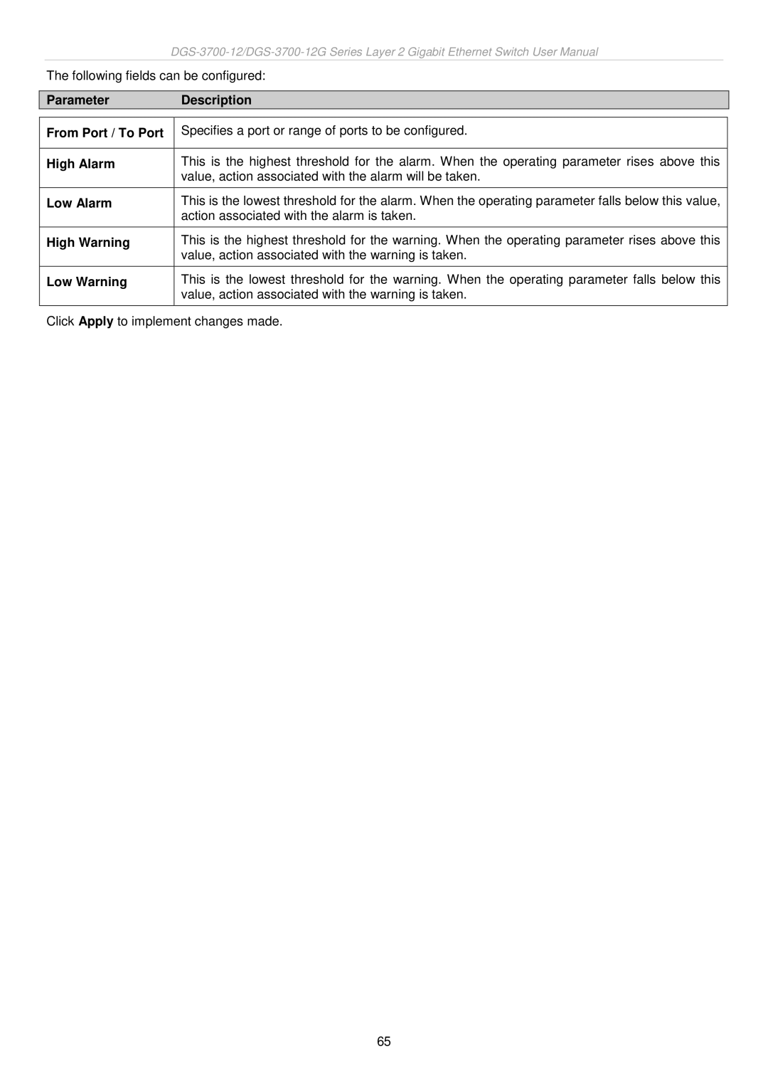 D-Link DGS-3700 user manual Parameter Description From Port / To Port 