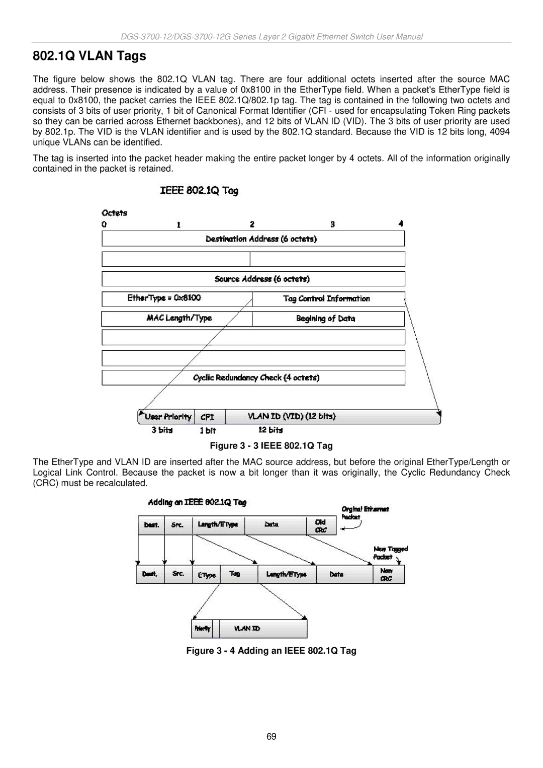 D-Link DGS-3700 user manual 802.1Q Vlan Tags, Ieee 802.1Q Tag 