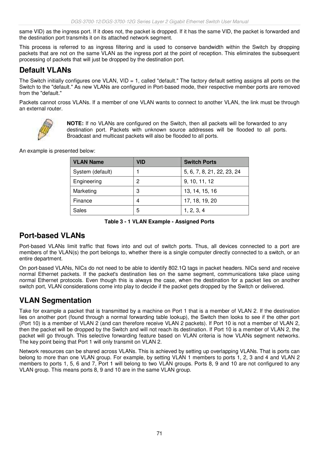 D-Link DGS-3700 user manual Default VLANs, Port-based VLANs, Vlan Segmentation, Vid 