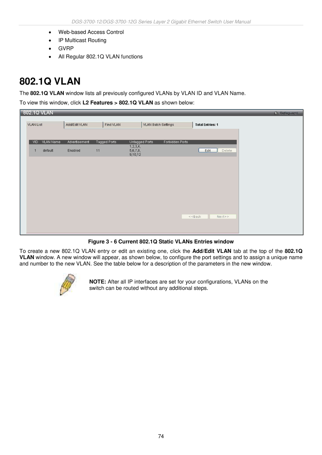 D-Link DGS-3700 user manual 802.1Q Vlan, Current 802.1Q Static VLANs Entries window 